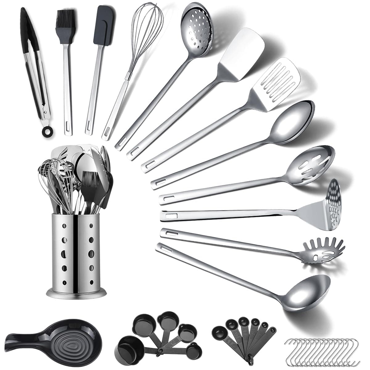 ReaNea Stainless Steel Kitchen Utensils Set 40 Pieces, Cooking Utensil Set with Utensils Holder, Kitchen Gadgets Kitchen Essentials New Home, House, Appartment Must Have, Metal Spatula Set
