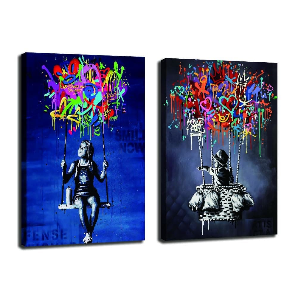Framed Banksy Street Graffiti Wall Art Decor Large Abstract Pictures Canvas Painting Prints Colorful Modern Contemporary Poster Artwork Stretched for Wall Home Bathroom Bedroom Living Room Ready Hang