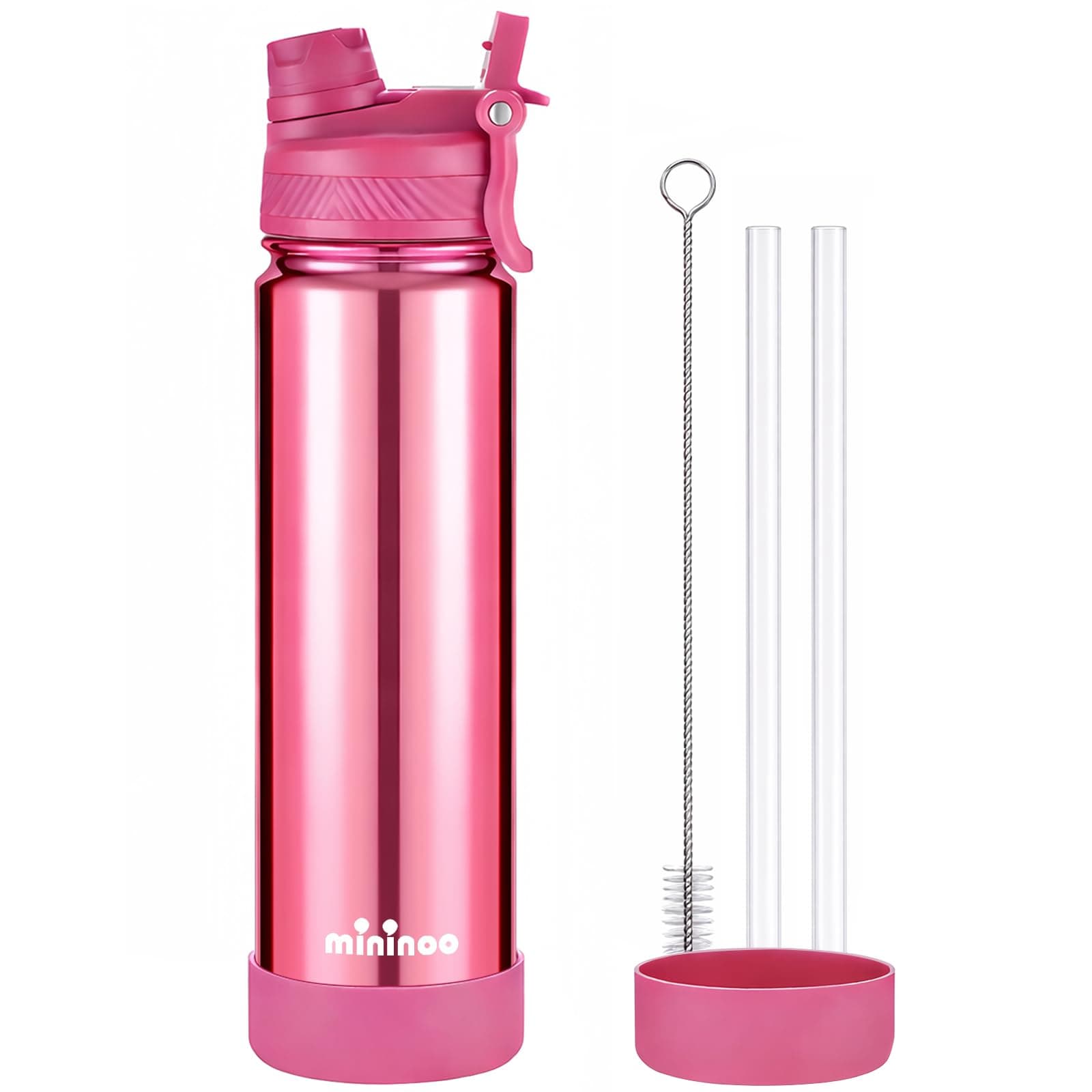 mininoo 24 oz Insulated Water Bottle with 2-in-1 Straw & Spout Lid, BPA-Free & Leak-Proof, Stainless Steel Water Bottle for Sports, Travel, and School, Rose Pink