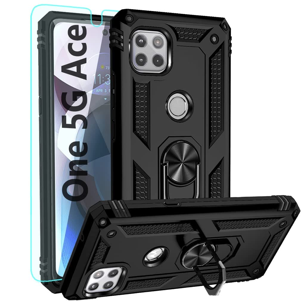 YZOK Moto One 5G Ace Case with Ring Car Mount, HD Screen Protector, Military Grade Shockproof Protective Cover (Black)