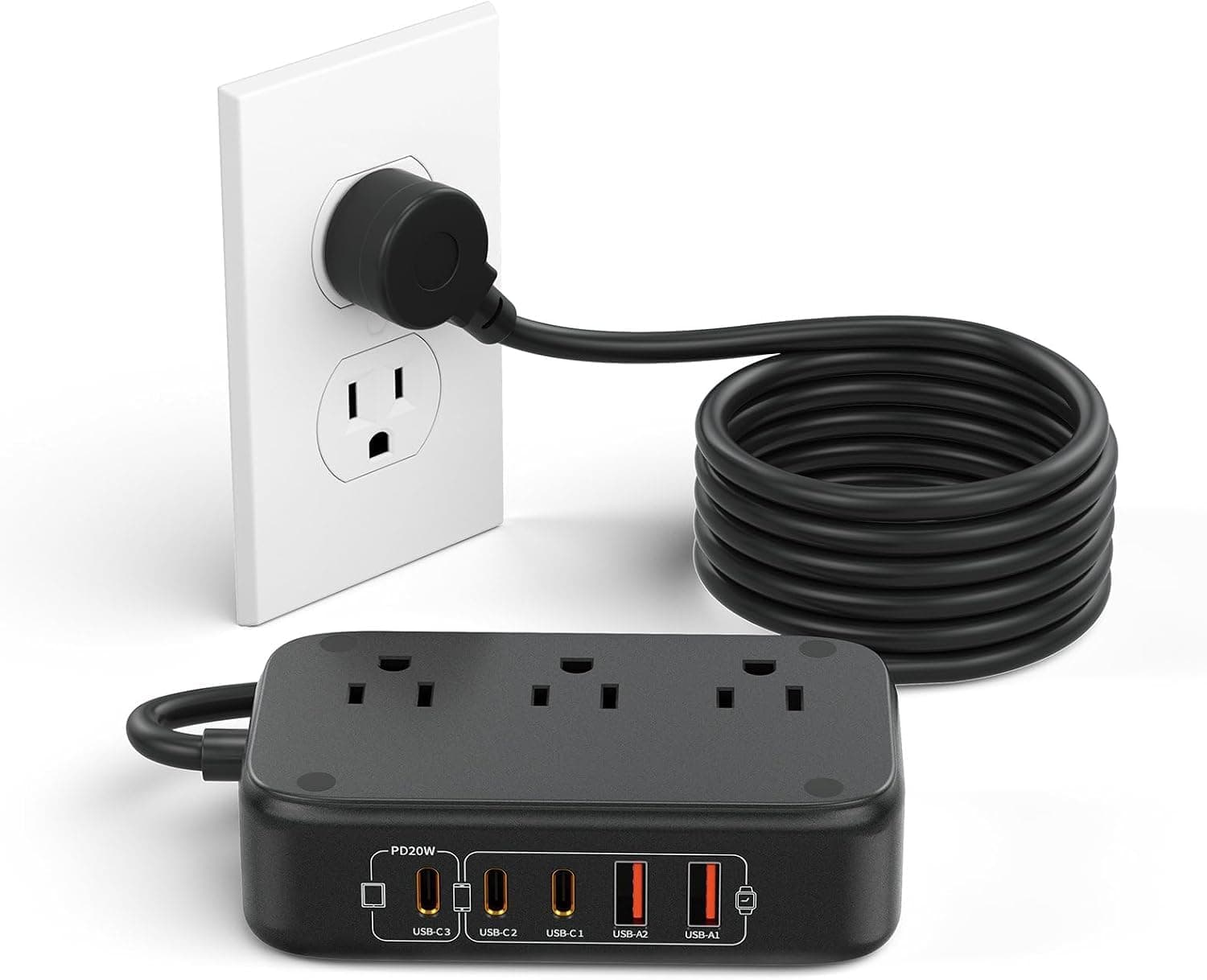 Power Bar with USB C Charging Station: 5FT Flat Extension Cord with 2 Outlets & 5 USB Ports(3C&2A), USB Charging Hub 20W PD Desktop Power for Multiple Devices Home Office Dorm Room