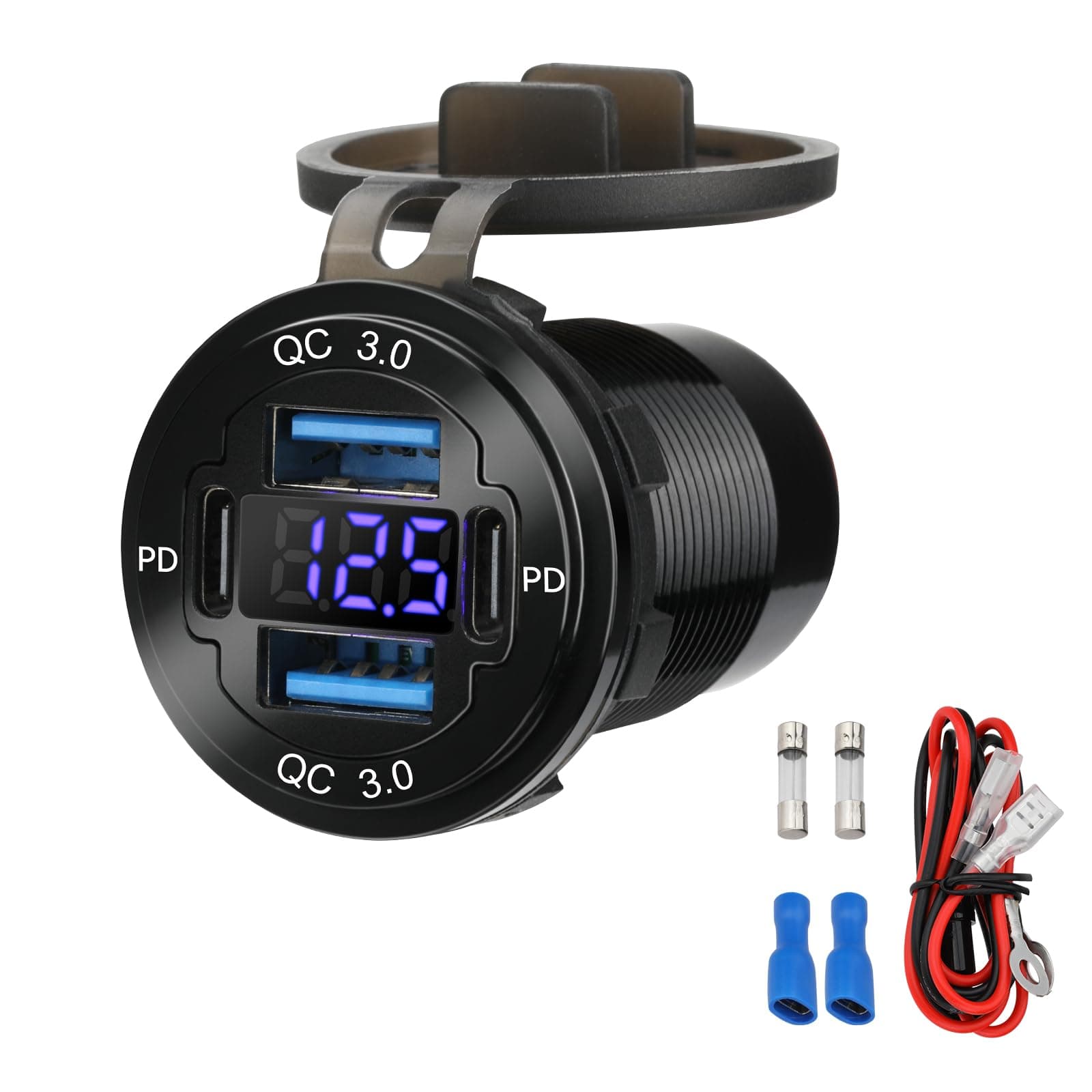 ULITECO 12V USB Outlet 4-Port, 78W Dual PD30W & QC3.0 Fast Charger, Waterproof Aluminum Alloy Car Charger with Blue Voltmeter for Cars RVs Boats Golf Carts Trucks Motorcycles 1Pack