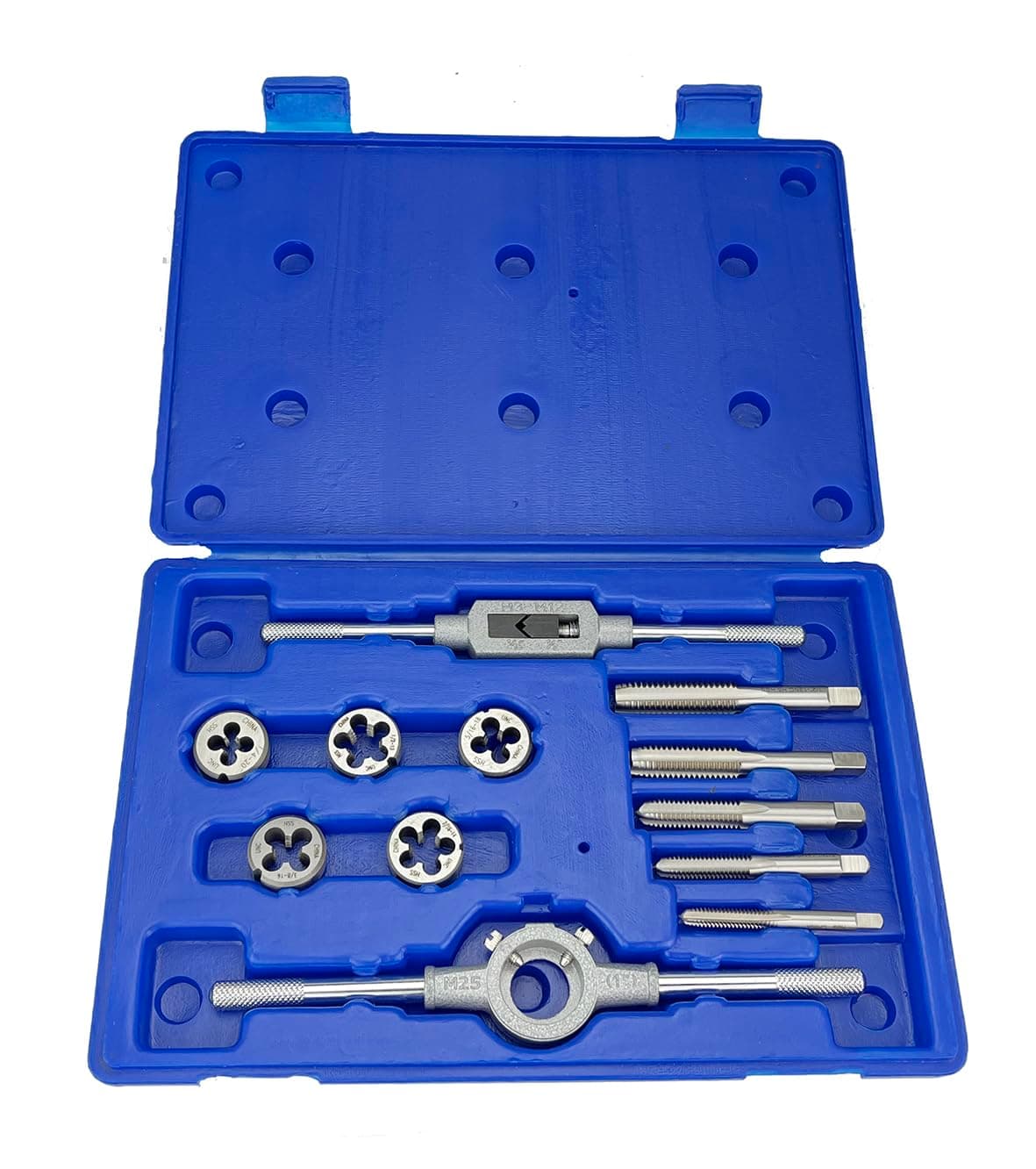 Drill America 12 Piece NF HSS Round Tap and Die Set (1/4-1/2) with 1 OD Round Dies and Handles