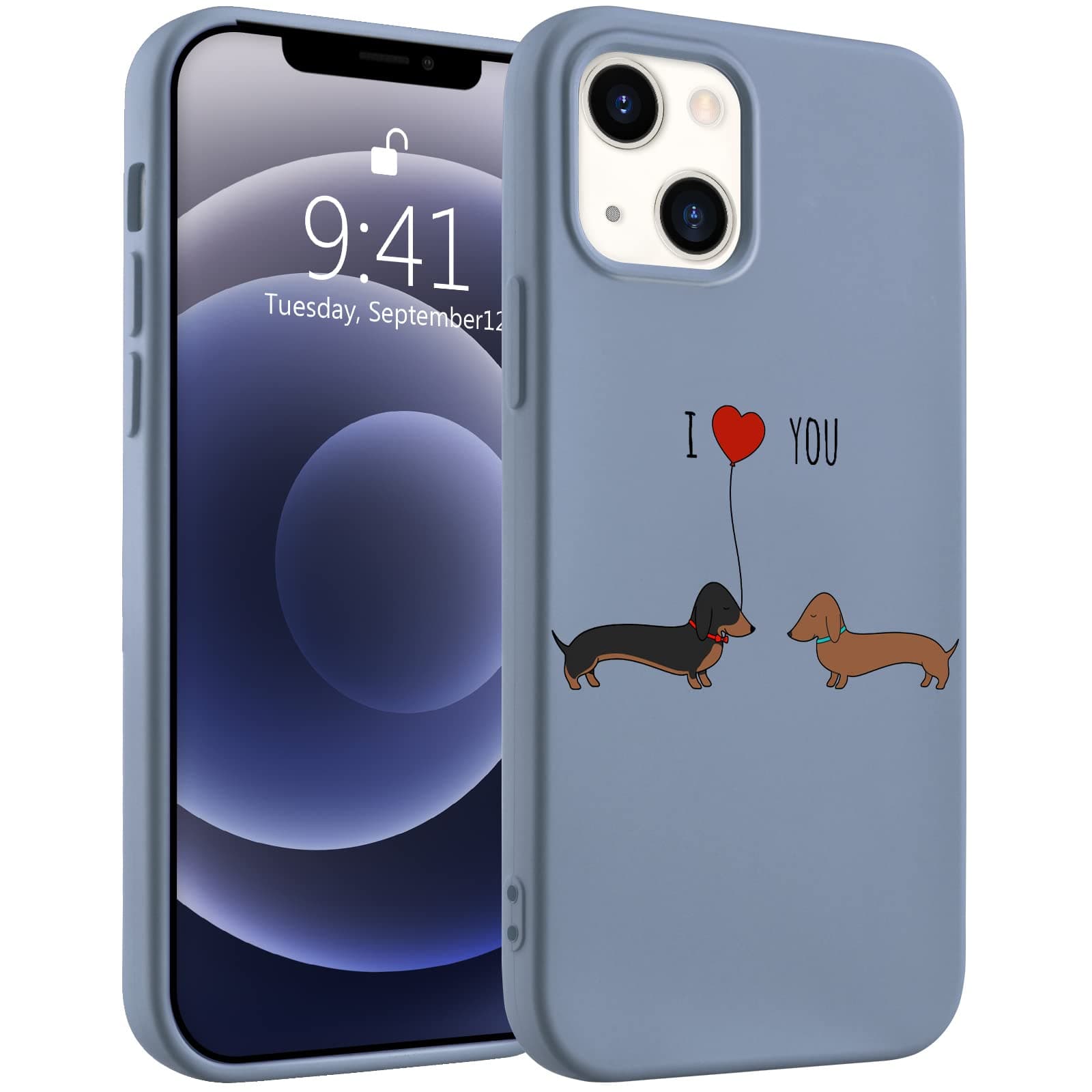 Idocolors Couple Dog Phone Case for iPhone 7/8/SE 2020,Blue Animal Liquid Silicone Dachshund Dog Pattern Cases,Cartoon Soft Gel Rubber Full-Body Protection Microfiber Lining Shockproof Case