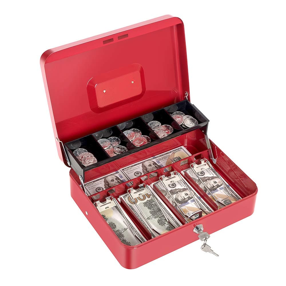 Cash Box with Lock and Money Tray Metal Money Box for Cash Large Lock Box for Money Tiered 11.8 x 9.4 x 3.54 Inches Red