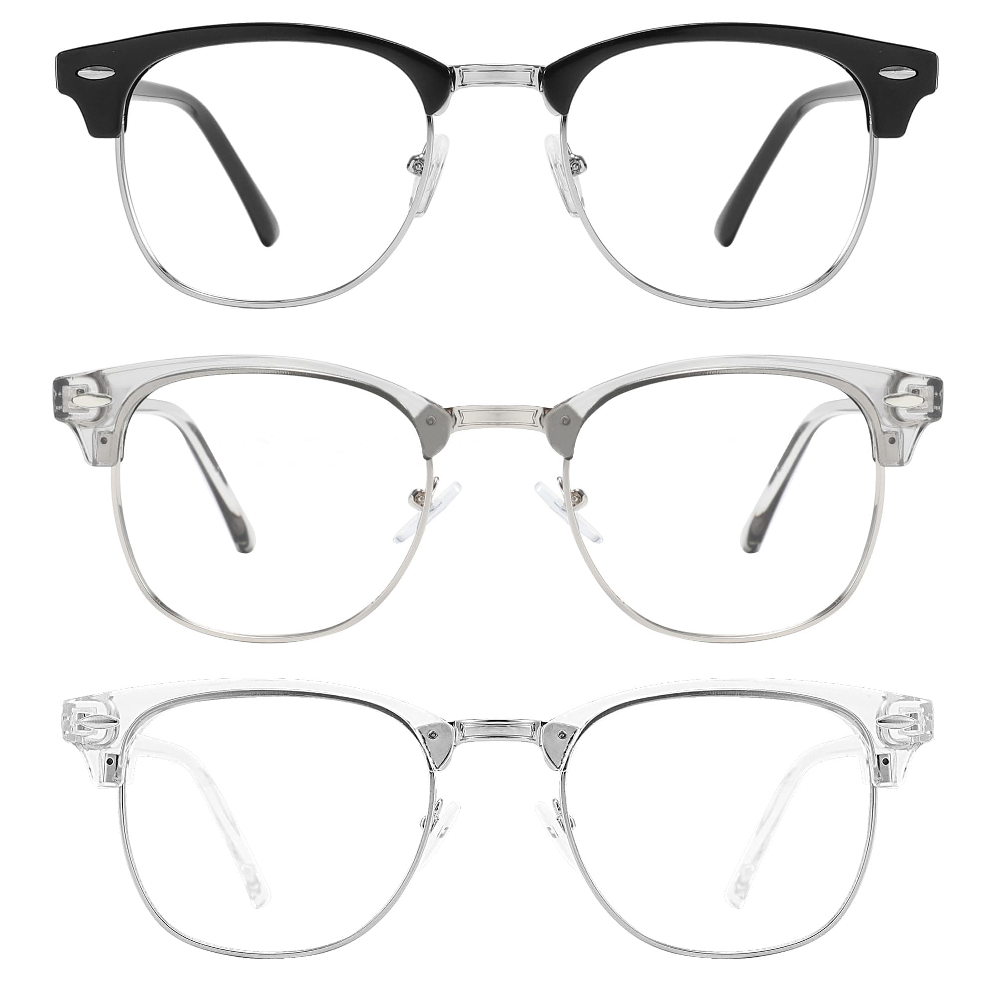 Przene Blue Light Blocking Glasses for Men Women Retro Round Semi Rimless UV400 Computer Eyewear 3-Pack Black/grey/transparent