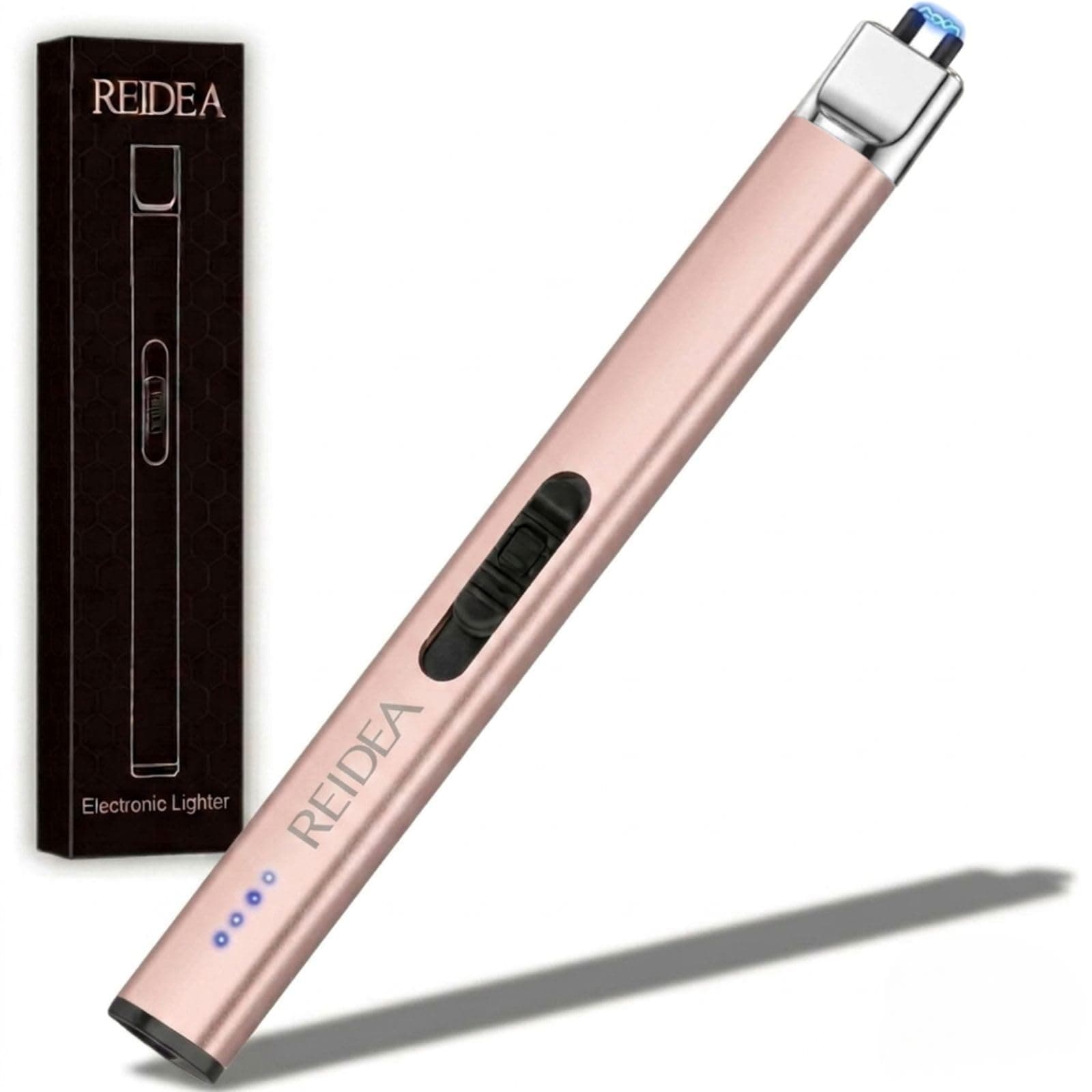 REIDEA Electric Lighter, R1 Pro Windproof Flameless USB Rechargeable Arc with Safe Button and Power Indicator for Candle, BBQ and Fireworks, Rose Gold