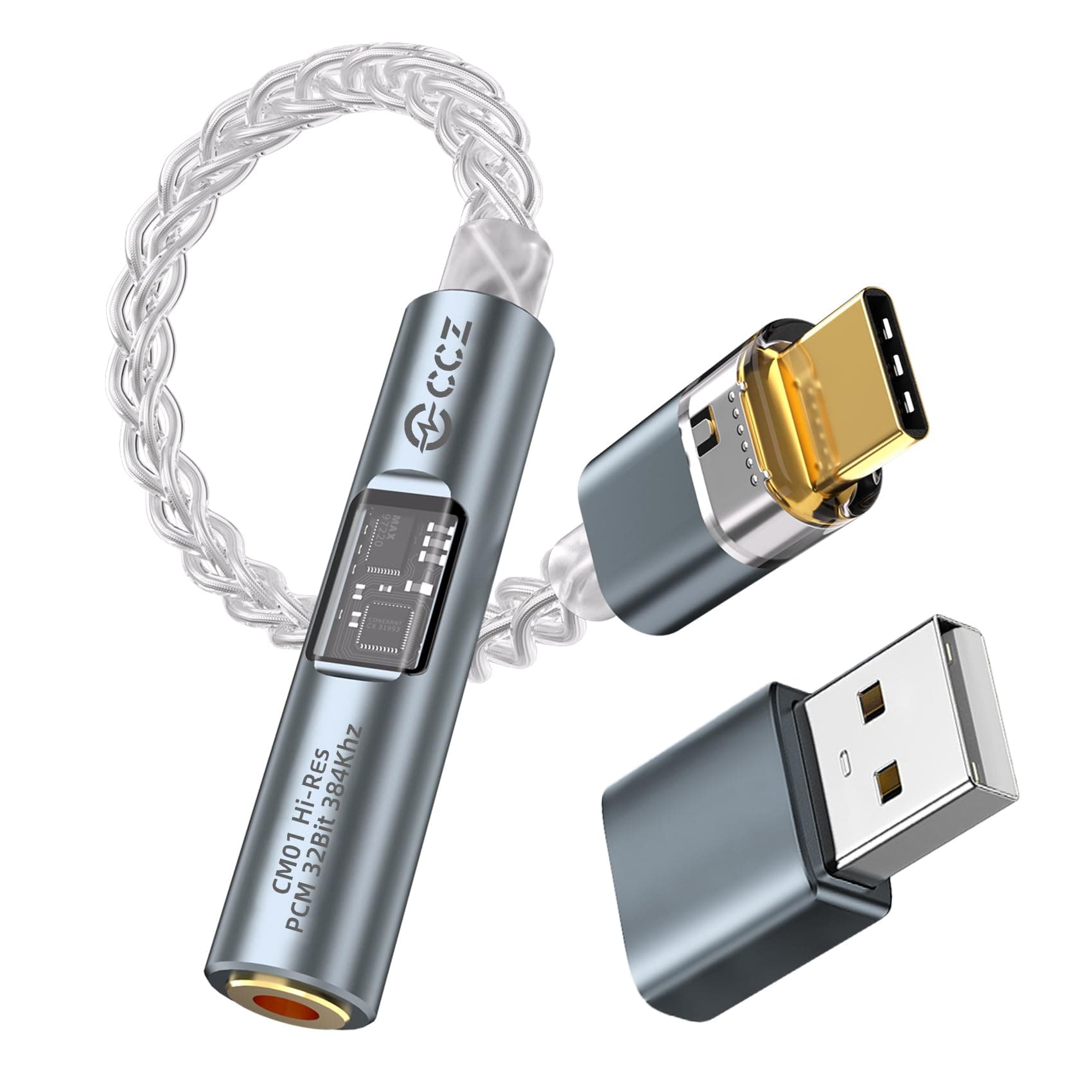 USB C to 3.5mm Audio Headphone Adapter with CX31993 MAX97220 Dual Chip Hi-Res DAC, Dongle usbc to Aux Adapter, CCZ CM01 8 Strand Single Crystal Copper Silver-Plated IEM Cable for KZ ZS10 PRO (Blue)