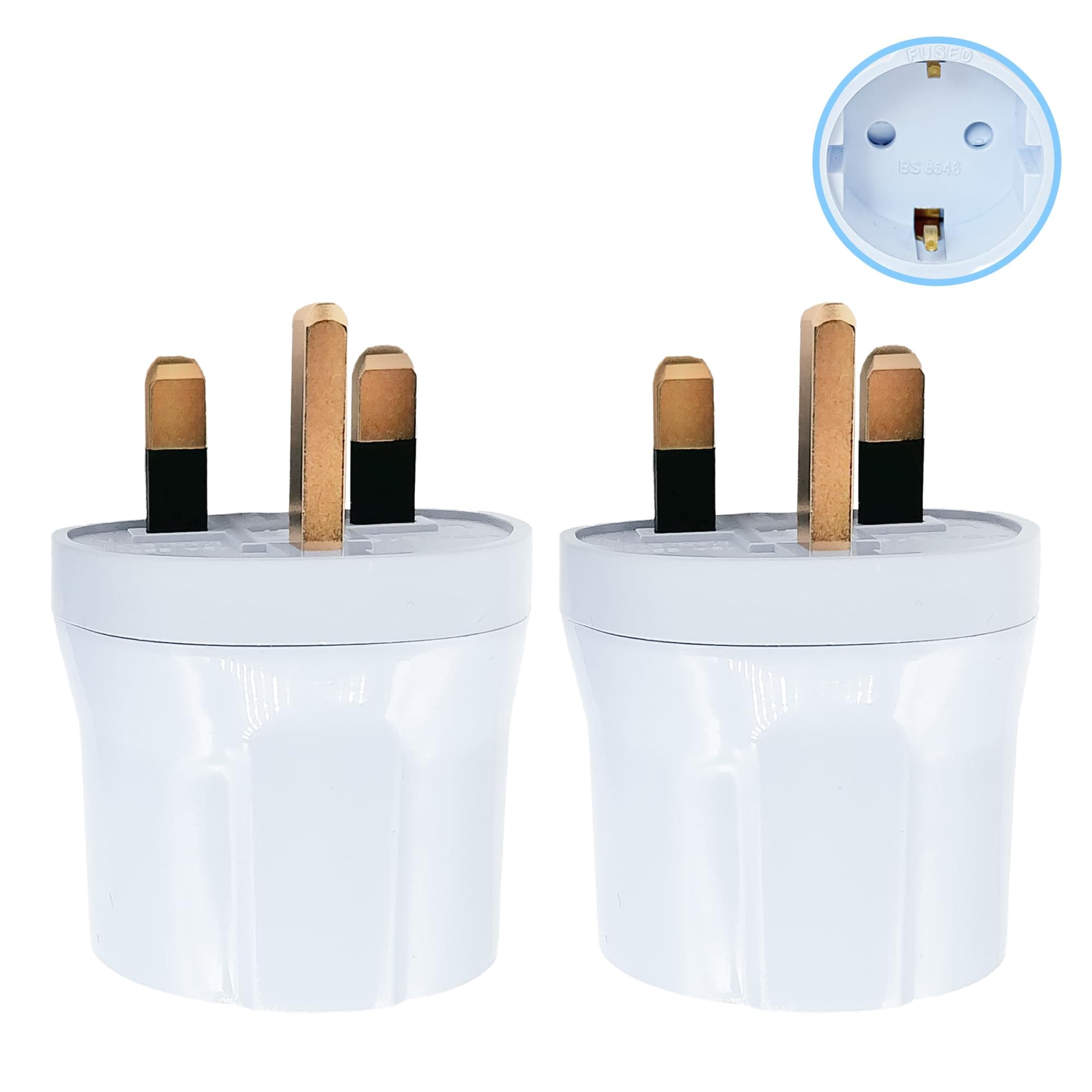 Double Dragon EU to UK Plug Adapter | European 2-Pin to UK 3-Pin Travel Adapter | Schuko & Europlug from France, Germany, Spain, Italy to UK Socket | BS8546 Certified, 13A Fused – White (2 Pack)