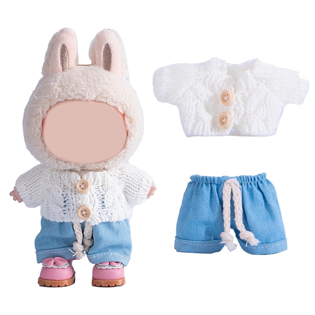 17cm Doll Clothes Set, Premium Jeans & Knitted Sweater Outfit for 17cm 15cm Dolls, Cute Dress Up Fashion, No Doll Included (White, 17cm/15cm)