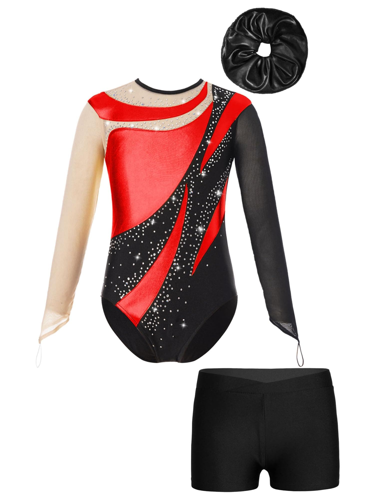 CHICTRY Kids Girls Gymnastics Leotard Rhinestone Mesh Long Sleeve Jumpsuit Tumbling Bodysuit with Dance Shorts Hair Band Set Red&Black 5-6 Years