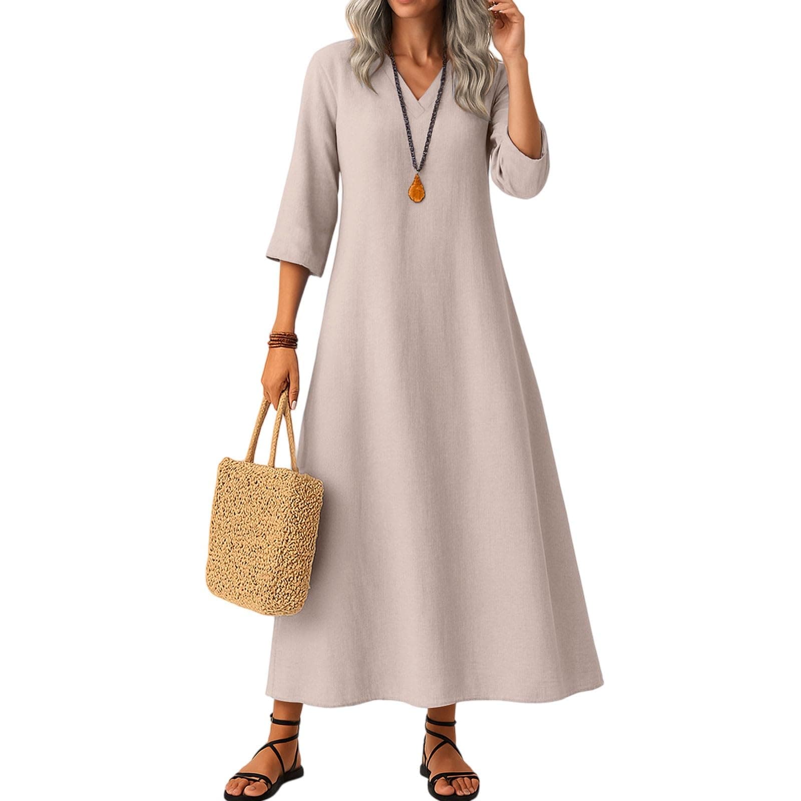 Linen Dresses for Women UK Oversized 3/4 Sleeve V Neck Cotton Linen Maxi Dresses Elegant Flowy Solid Color Long Sleeve Beach Vacation Long Dress for Spring and Autumn Swing Work Dress(Light Pink, XL)