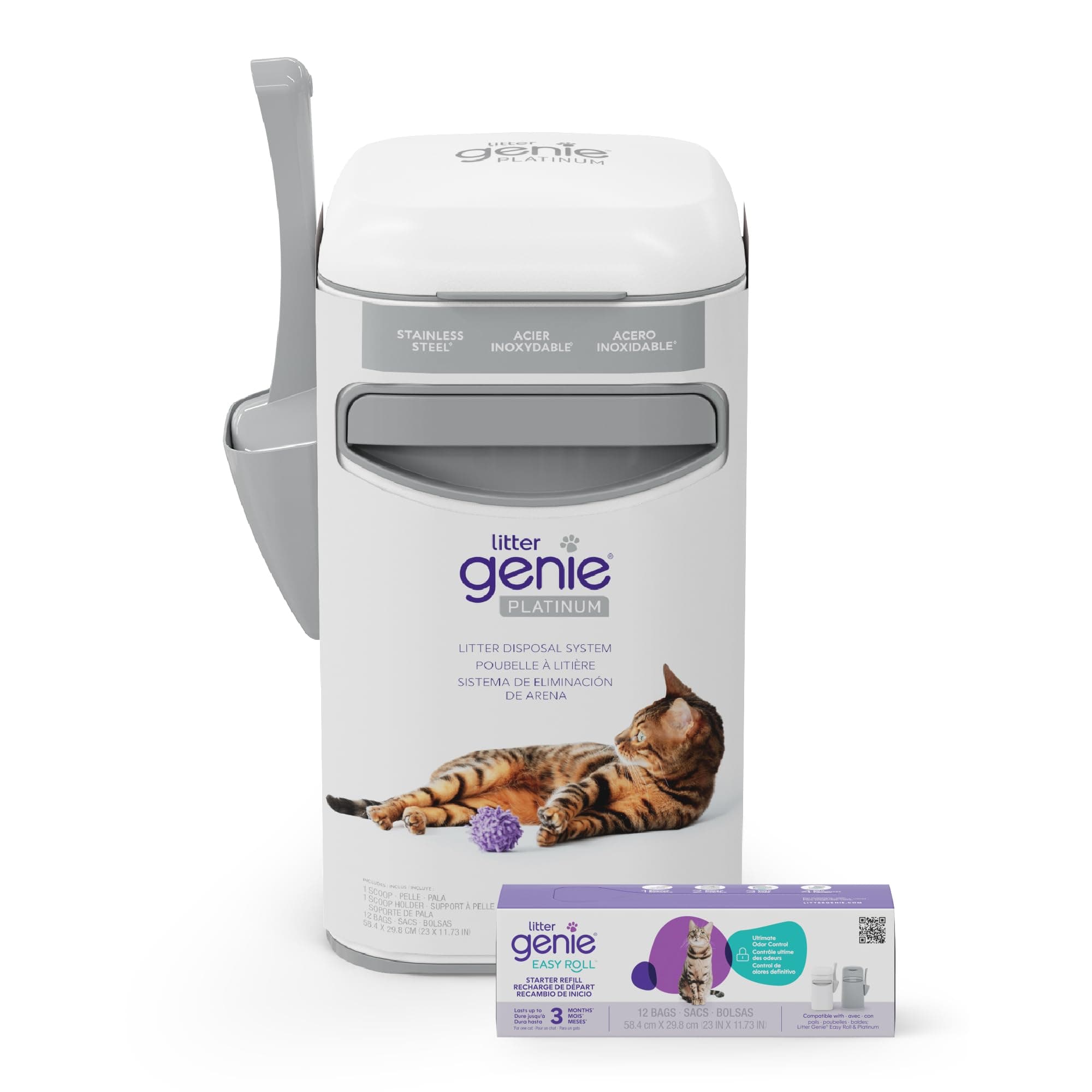 Litter Genie Platinum Stainless Steel Pail with Easy Roll Refill, 12 Bags