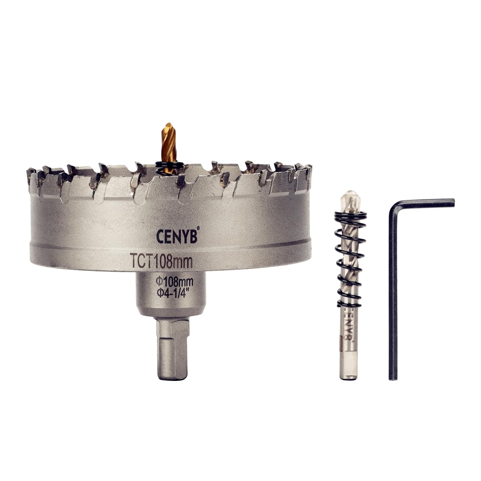 CENYB 4-1/4" (108mm) Tungsten Carbide Tipped Hole Saw with 2Pcs Titanium-Plated Pilot Drill Bits for Metal, Steel, Iron, Wood, Plastic