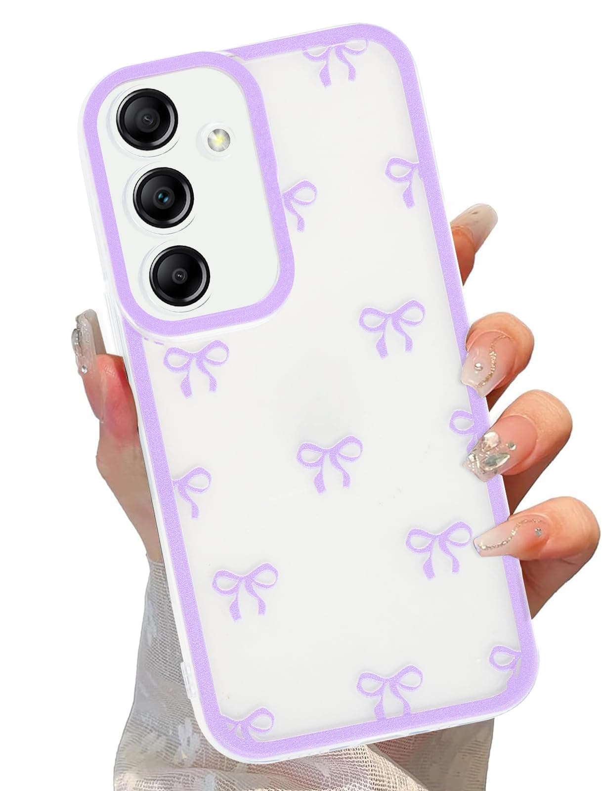 lioscre Cute Coquette Bow Phone Case for Samsung Galaxy A15 5G 6.5", Clear Aesthetic Purple Ribbon Bowknot Pattern Print Design Case Transparent Protective Funda Shockproof Soft TPU Women Girls Cover