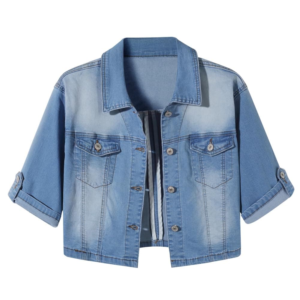 BlueFire2015 Women Short Sleeve Denim Jacket Button Down Shawl Stretch Denim Jean Jacket, E-light Blue, XX-Large