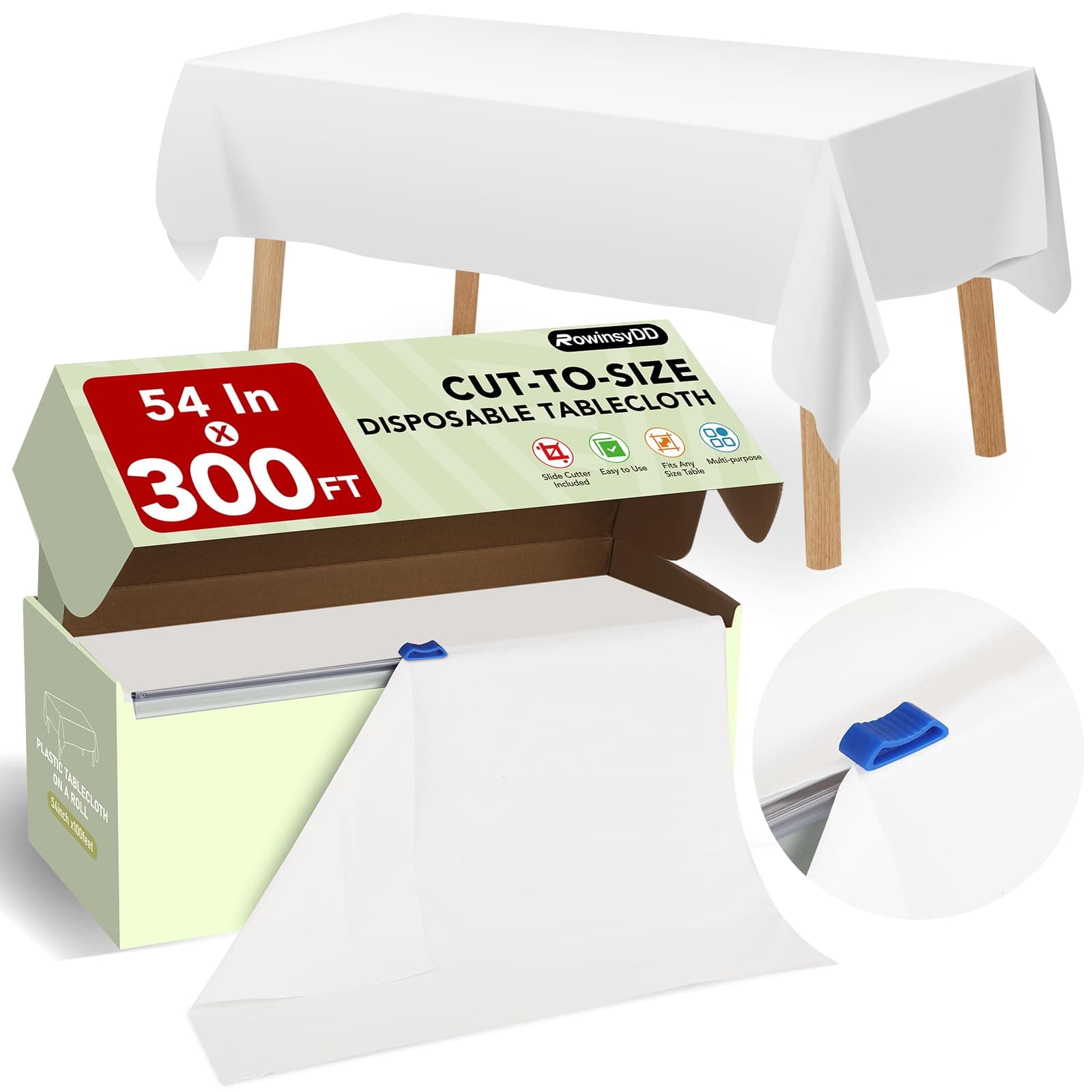 RowinsyDD 54 in X 100 FT White Plastic Table Cover Roll with Slide Cutter