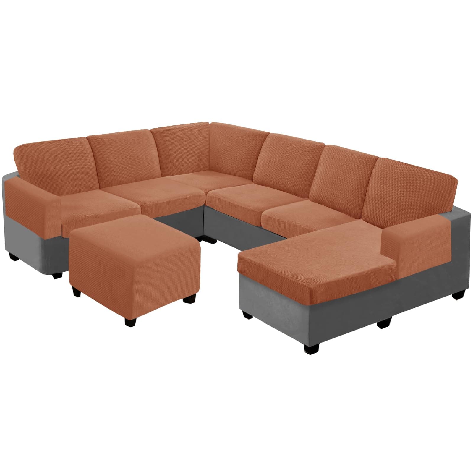 Seat Cushion Cover and Back Covers for Corner Sofa Stretch Jacquard, Non Slip L Shaped Sofa Slipcover with Storage Ottoman, Sectional Couch Cover for Chaise Lounge (Orange,39 x 39 x 6”)
