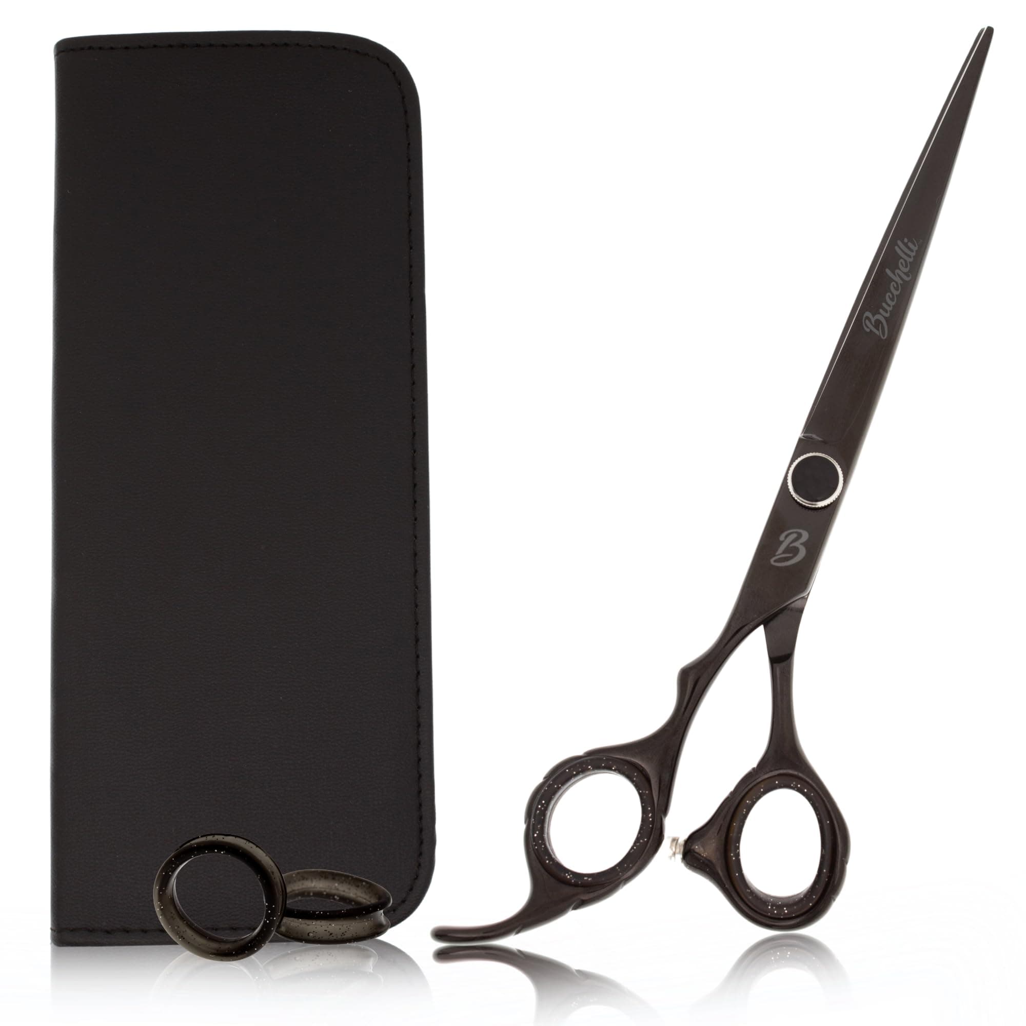 Bucchelli 7" Left Handed Hair Cutting Scissors - Japanese Barber 440A with Microchamfer and Adjustable Tension Button, Black (Black 7")