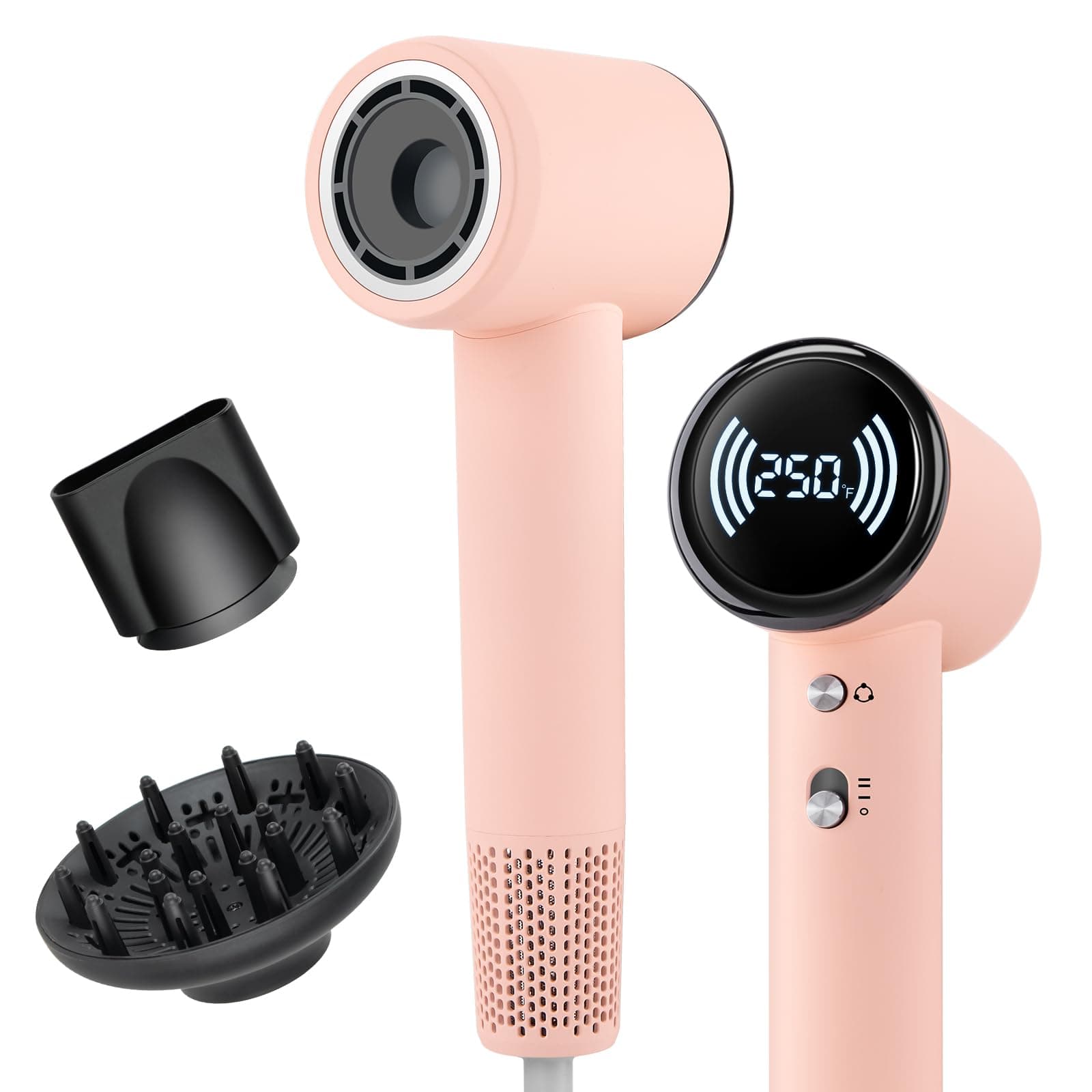 High Speed Ionic Hair Dryer with Diffuser – 160,000 RPM Brushless Motor for Fast Drying, Lightweight Travel Blow Dryer with Concentrator Nozzle for Women Men, Pink