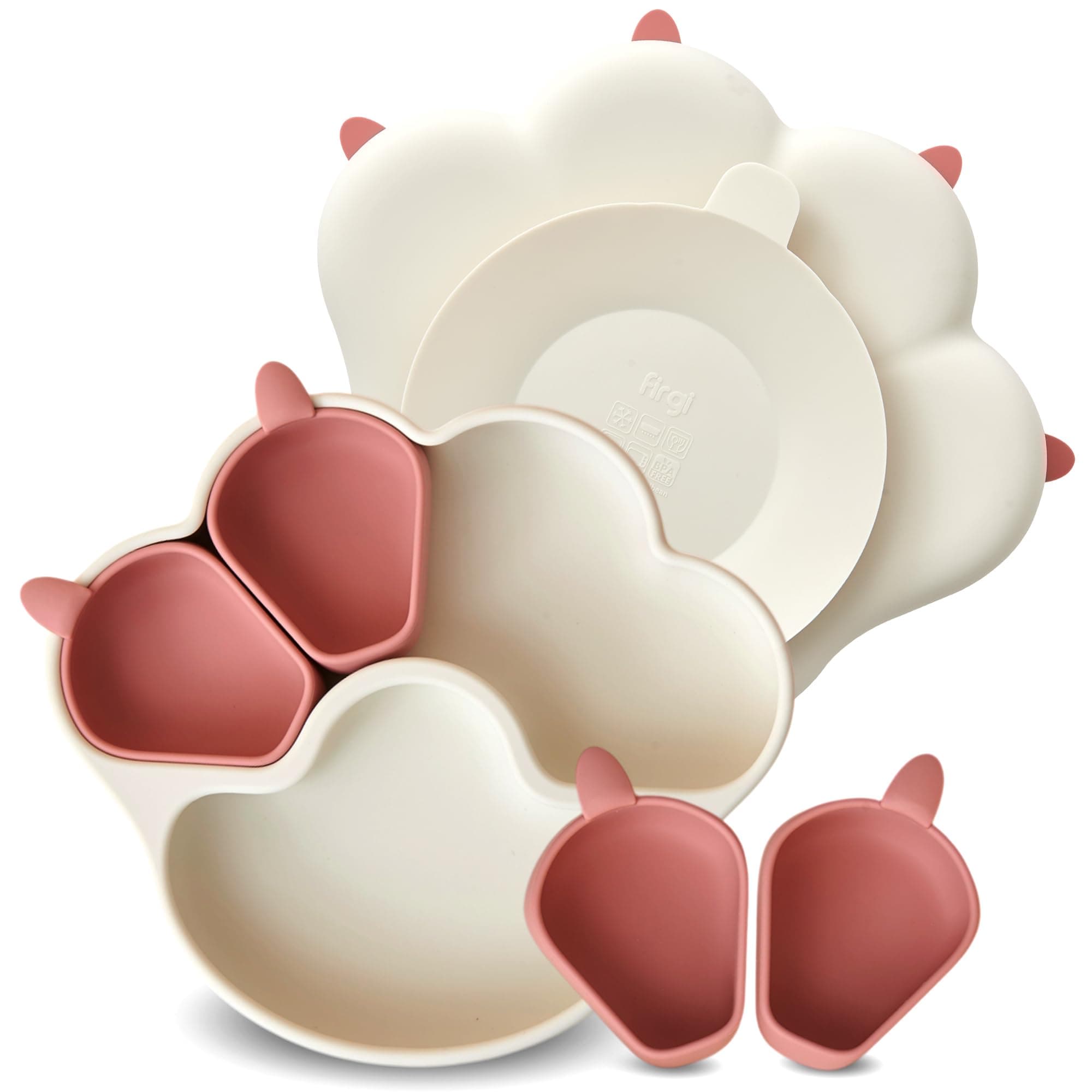 Firgi MEOW Dry Rose Divided Silicone Toddler Suction Plates Non-Slip Silicon Plate for Baby Led Weaning Supplies BPA Free Travel Non-Toxic Kids Tray with Suction