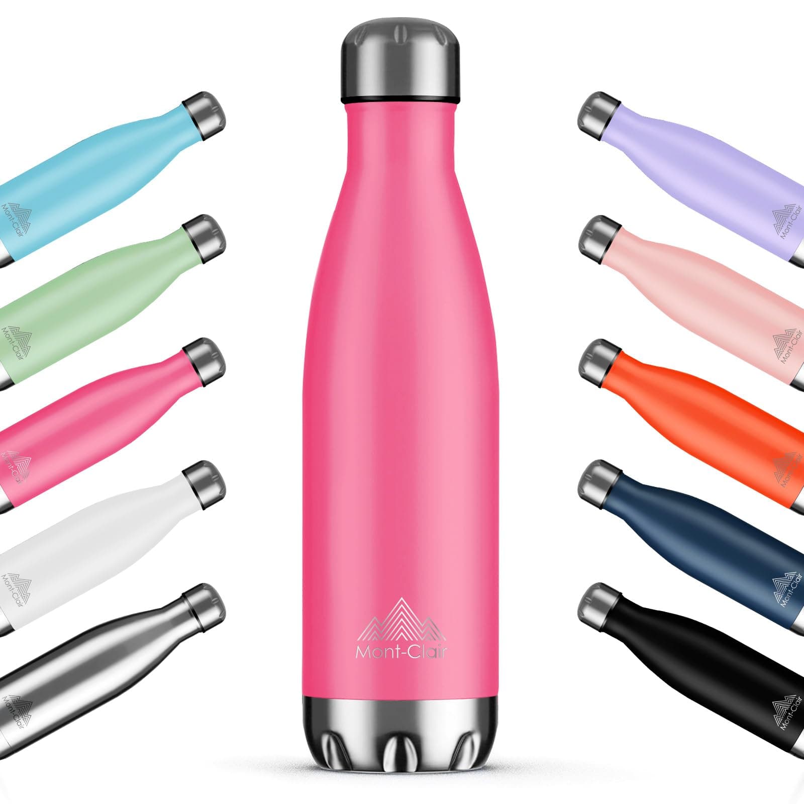 Mont-Clair H2O Stainless Steel Water Bottle, Vacuum Insulated - BPA Free, 12h Hot & 24h Cold Drinks Bottle, Metal, 500ML Leakproof, Ideal for Adult, Kids, Running - Berry Pink