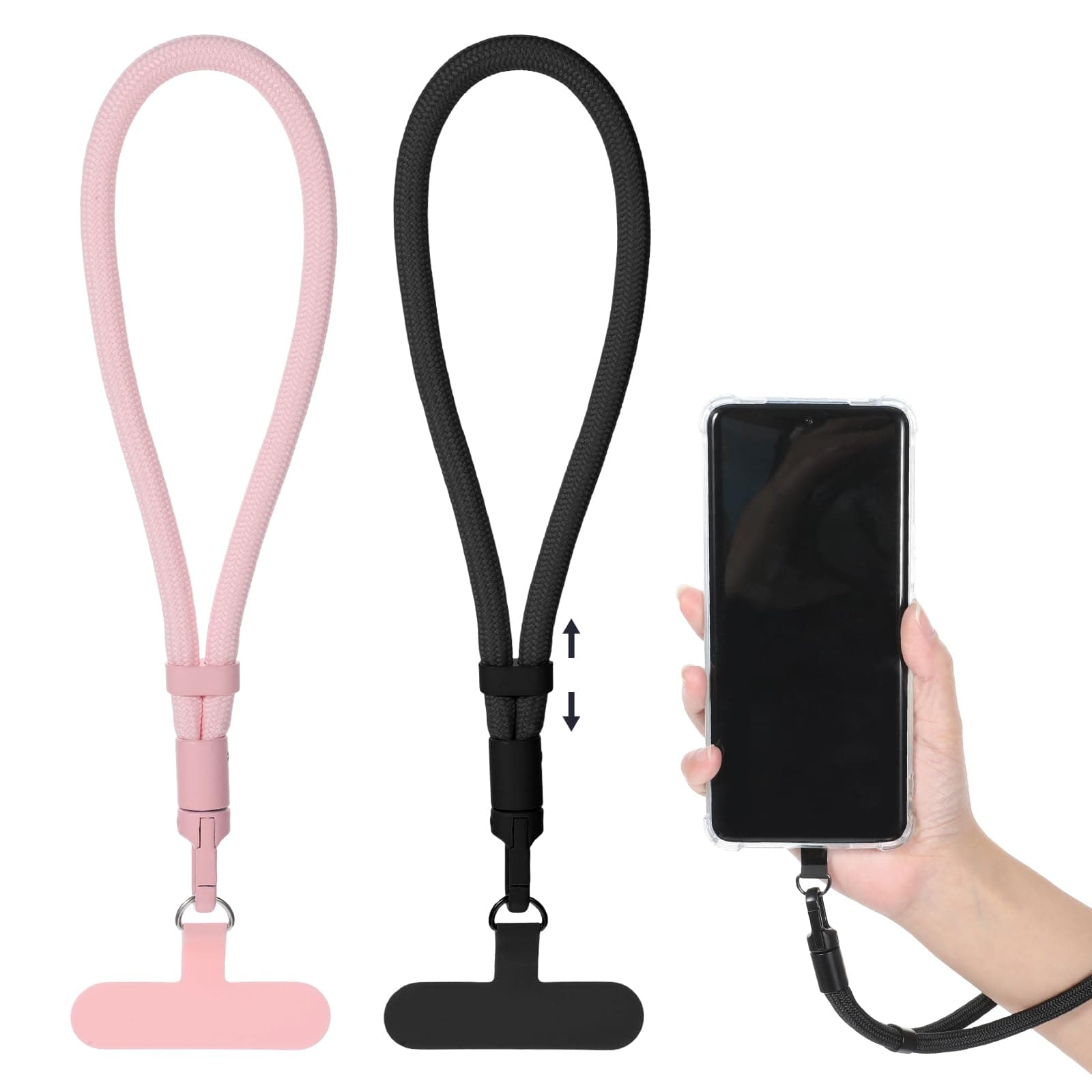 2 Pack Phone Lanyard, Hand Wrist Strap with 2 Tether Tabs, Universal Adjustable Cell Phone Lanyard, Durable Anti Theft Strap Polyester Lanyards for Smartphones, Travel, Work, Events (Pink, Black)