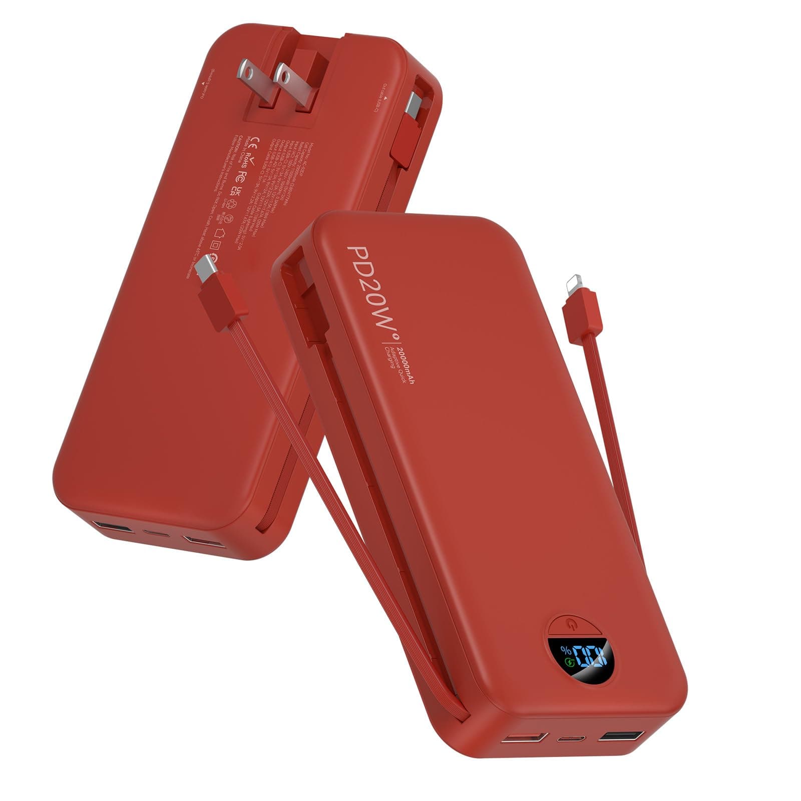 Portable Power Bank, 20000mAh PD20W USB C Fast Charging Power Bank with Built-in Cable & Wall Plug, External Battery Pack with LED Display, Travel Essential Phone Charger for iPhone, iPad, Samsung Red