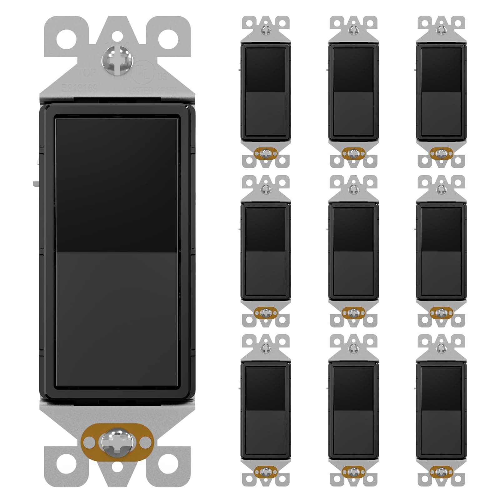 AIDA Single Pole Rocker Decora Light Switch, 15 Amp Self-grounding Electrical Light Switches, Residential Grade, UL Listed (10 Pack, Black)