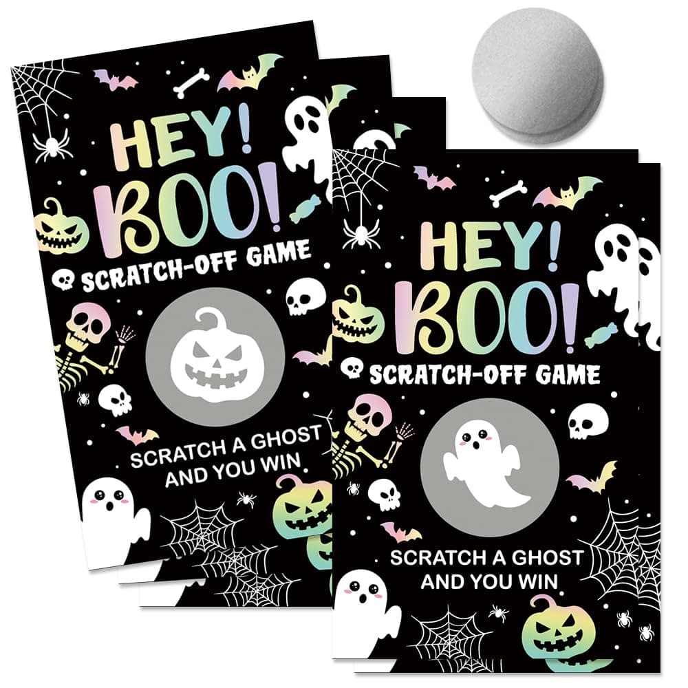 THEBESTU 50 Pcs Hey Boo Scratch off Game Cards, Halloween Themed Pumpkin Scratch Cards, Lottery Prize Raffle Tickets for Birthday Party, Halloween Party Game Vouchers, Ideal for Festivel Game