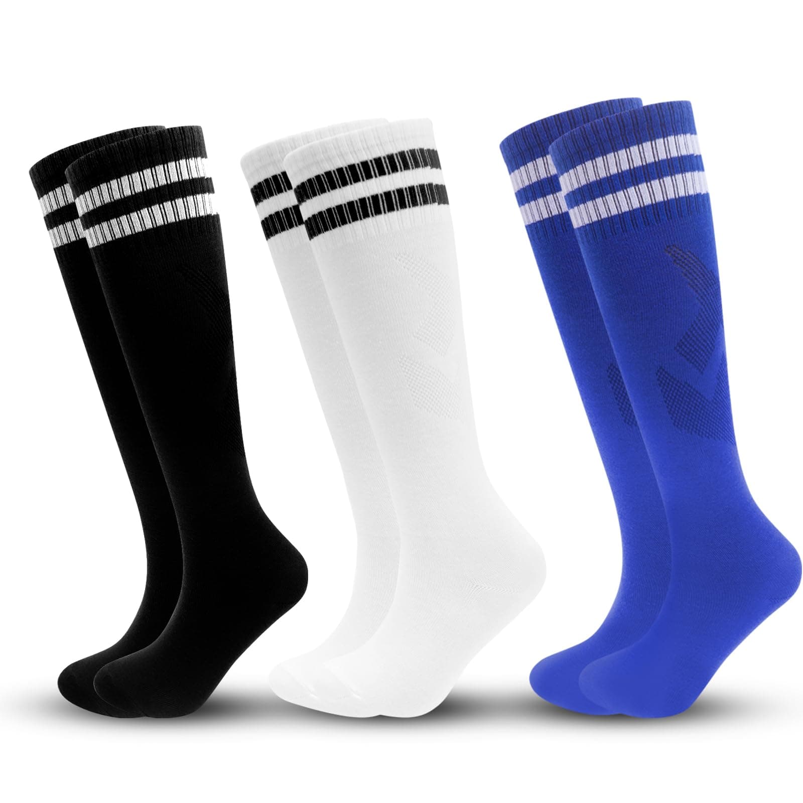 ZXOLDZX 3 Pairs Kids Soccer Socks Striped Knee High Tube Socks Football Uniform Sports Socks for Boys Girls 6-12 Years Old (US, Alpha, One Size, Regular, 3pairs-black,white,blue)