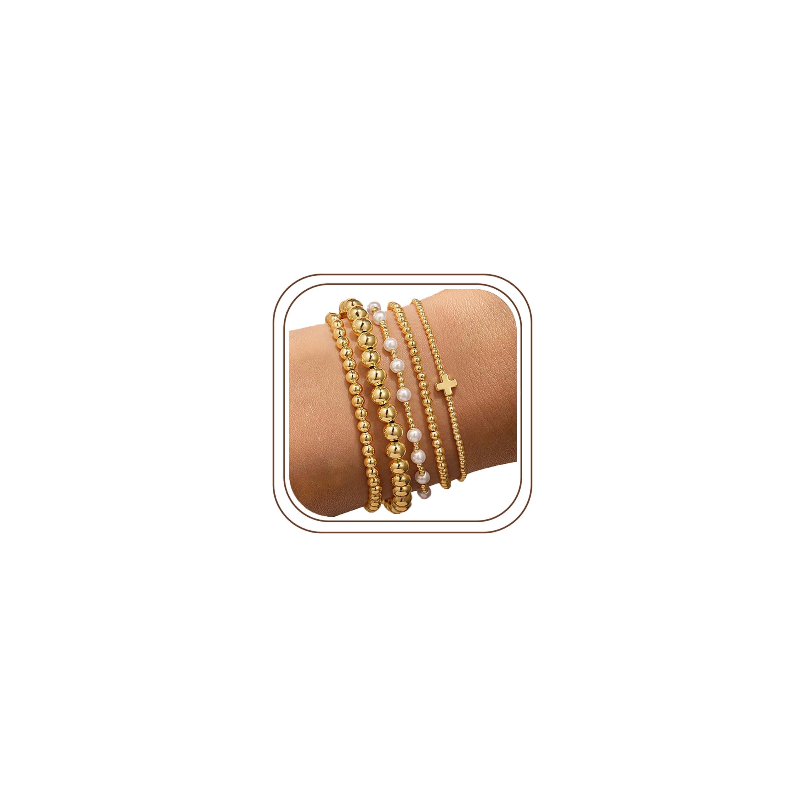 Yoosteel Gold Bracelets for Women, 14k Gold Plated Beaded Bracelets Set