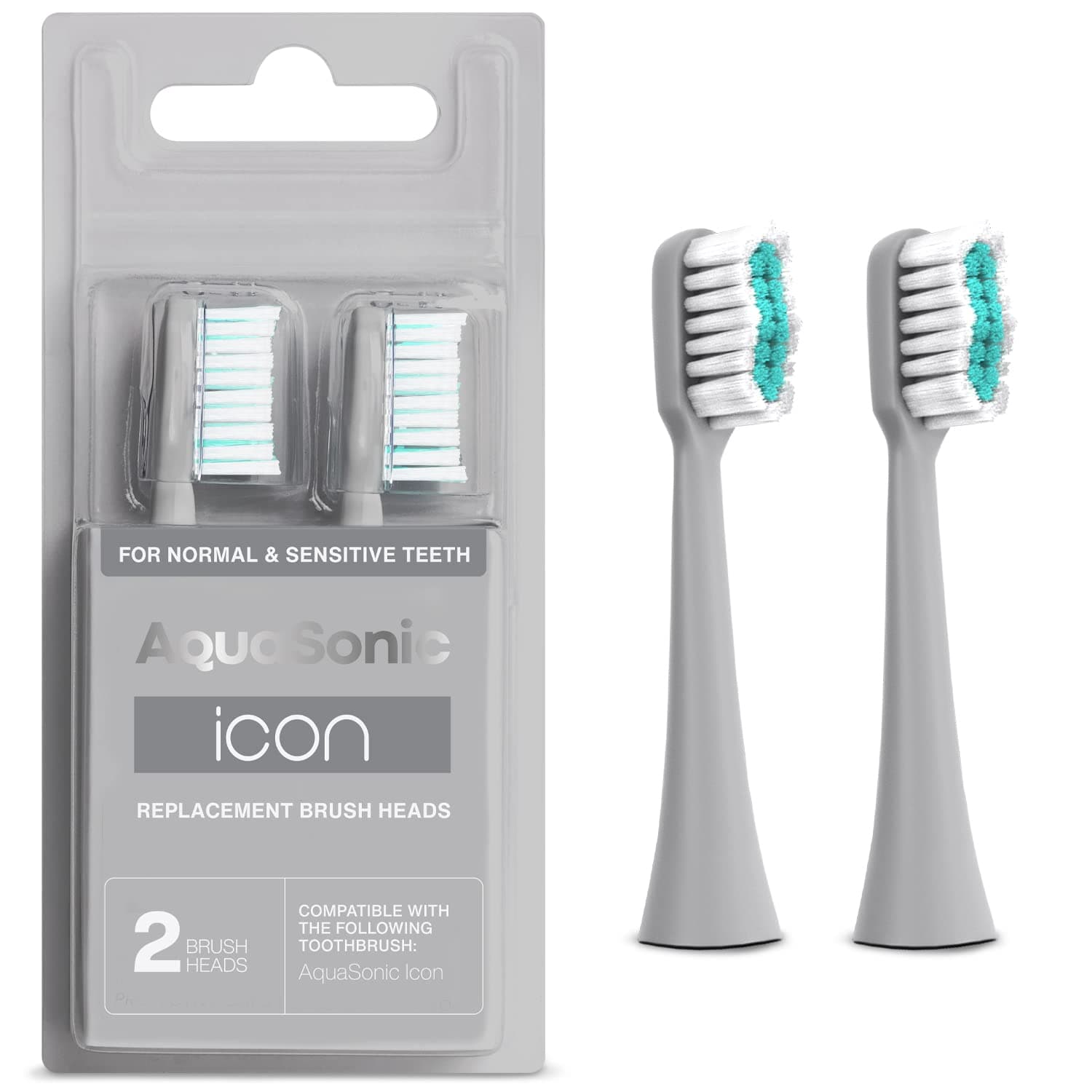 AquaSonic Genuine Icon Replacement Brush Heads | Compatible with AquaSonic Icon Toothbrush | 2 Brush Heads | for Normal & Sensitive Teeth (Stone)