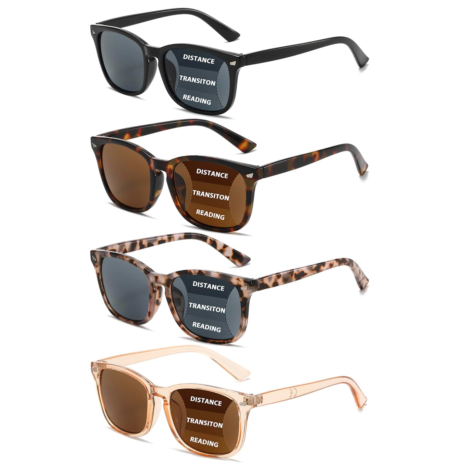 RLOZRN 4 Pack Progressive Reading Sunglasses for Women Men, No Line Square Multifocal Sun Readers UV400 Protection