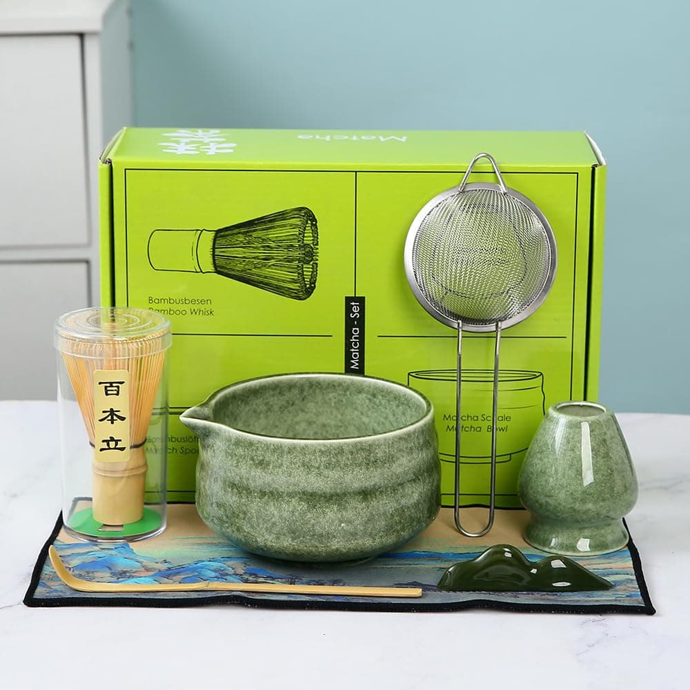 Mochachaju 7pcs Matcha Whisk Set - Matcha Bowl with Spout, 1 Matcha Whisk ，Green Matcha kit