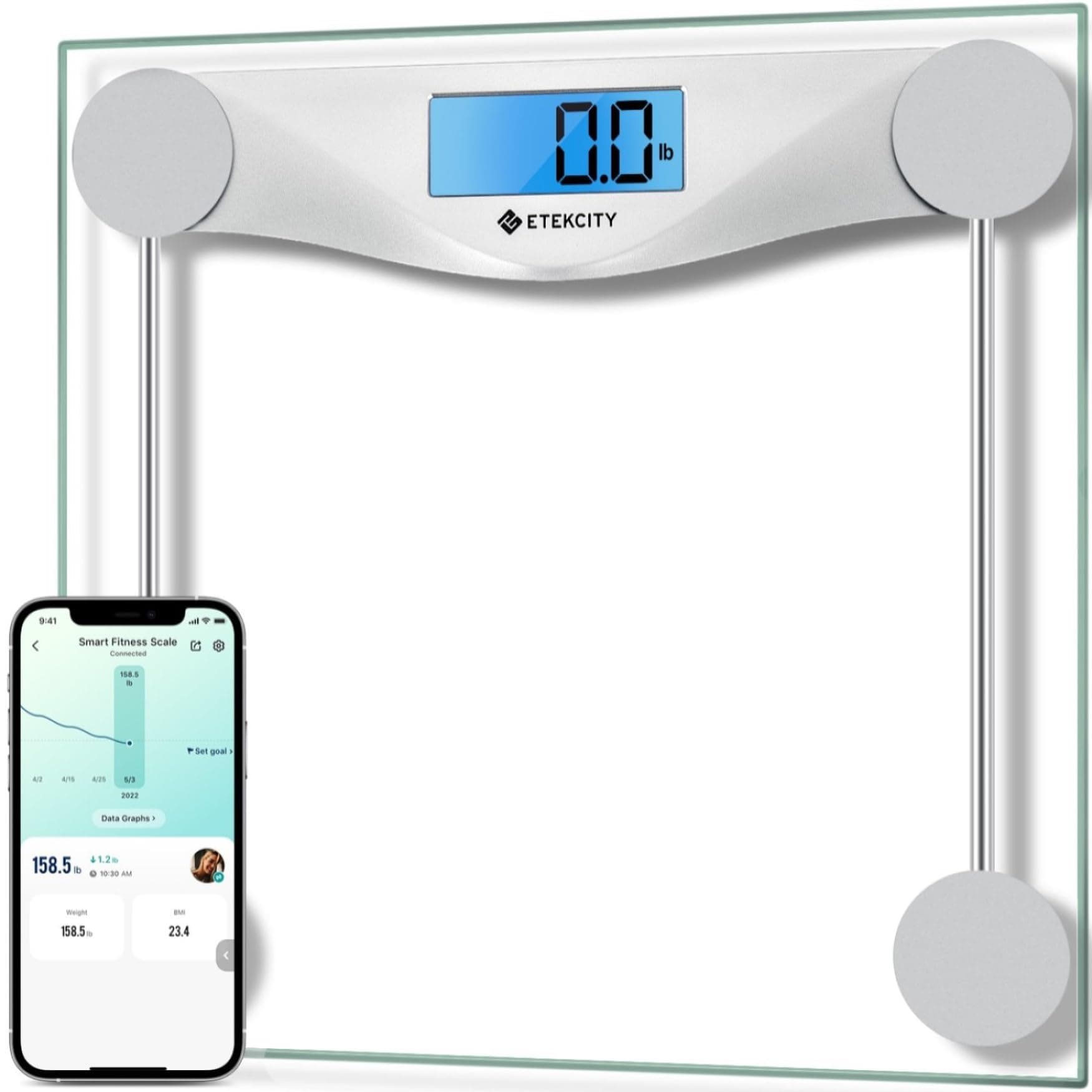 Etekcity Bathroom Scale for Body Weight BMI Scale, Upgraded Bluetooth Digital Scale, Large Blue LCD Backlight Display, High Precision Measurements, 440 Pounds, Silver, ESB4074C