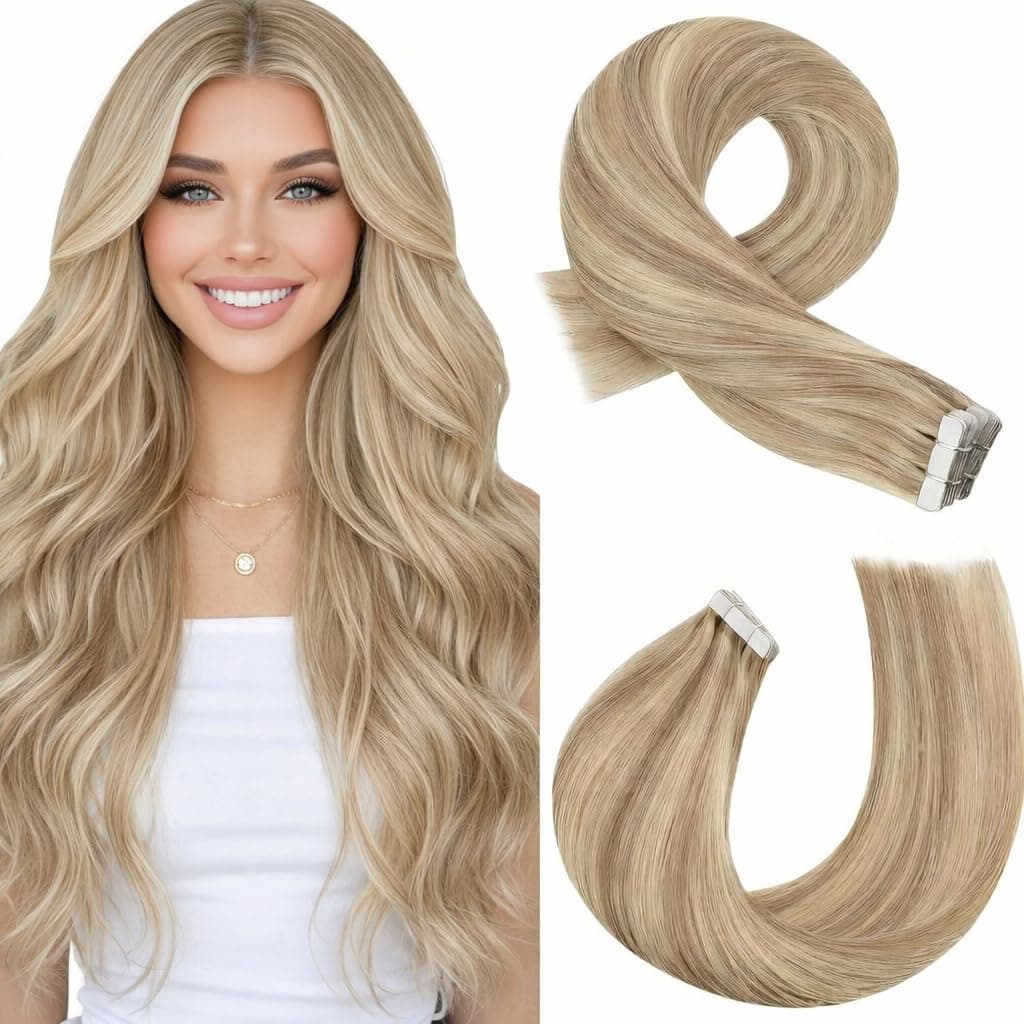 Moresoo Tape in Human Hair Extensions 16 Inch 50g/20pcs Dark Honey Blonde with Medium Blonde Highlights