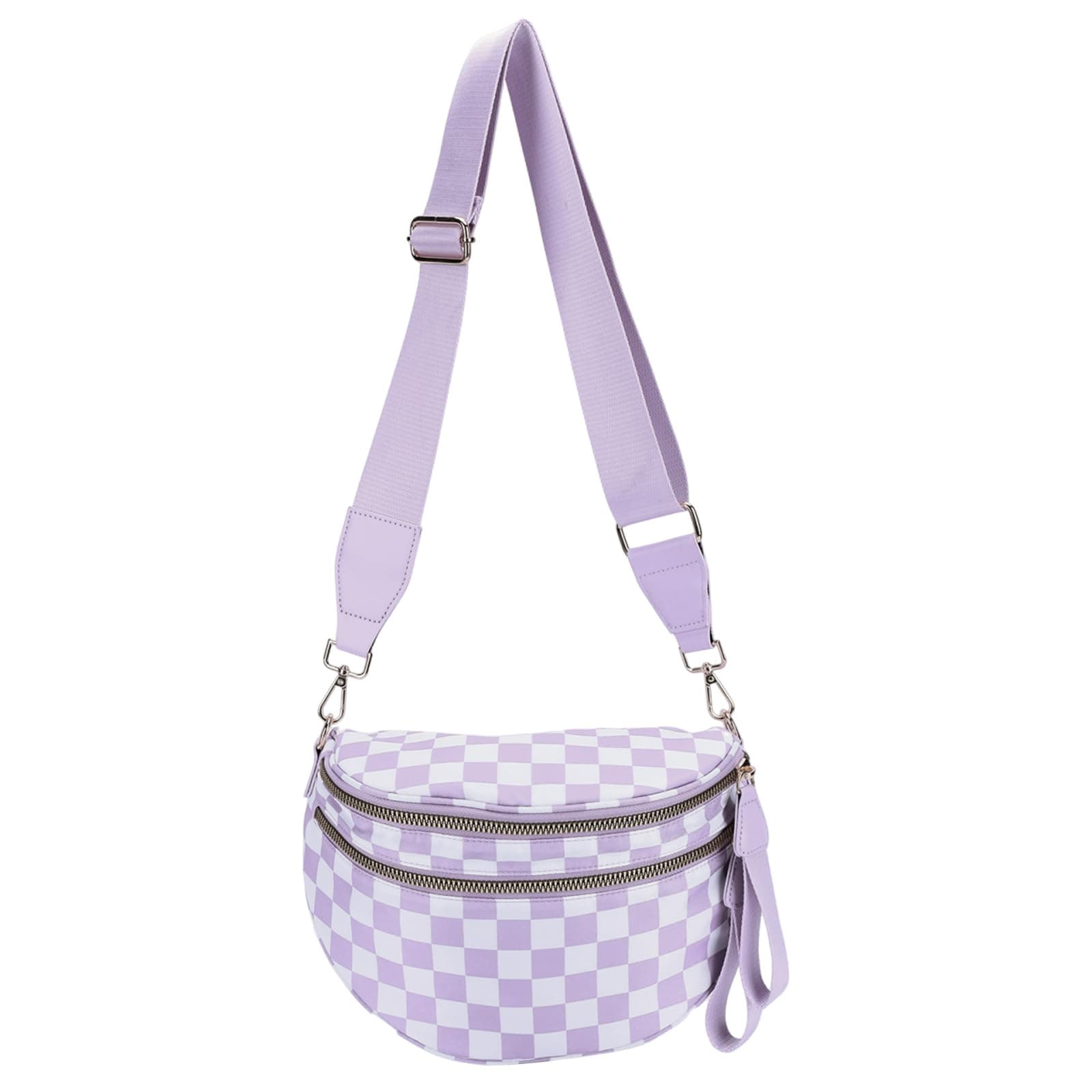 Small Crossbody Diaper Bags Mini Checkered Fanny Pack Diaper Bag For Baby Travel, Nylon Crossbody Bum Bags, Purple