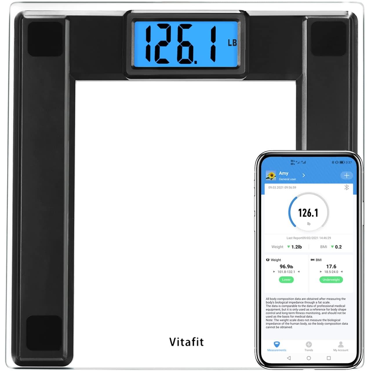 Vitafit 550lb Digital Bathroom Scale Body Weight and BMI Via Smart APP, High Accuracy Assured by Weighing Professional Since 2001, 8mm Tempered Glass, Extra Large Blue Backlit LCD, Superb Black