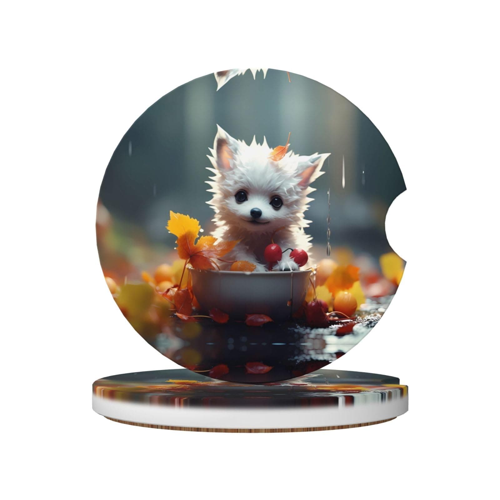 Phayah White Puppy in Bowl Car Cupholder Coaster 2 Pack 2.56" Ceramic Cork Base Drink Coasters Suitable for Cars Suvs and Trucks