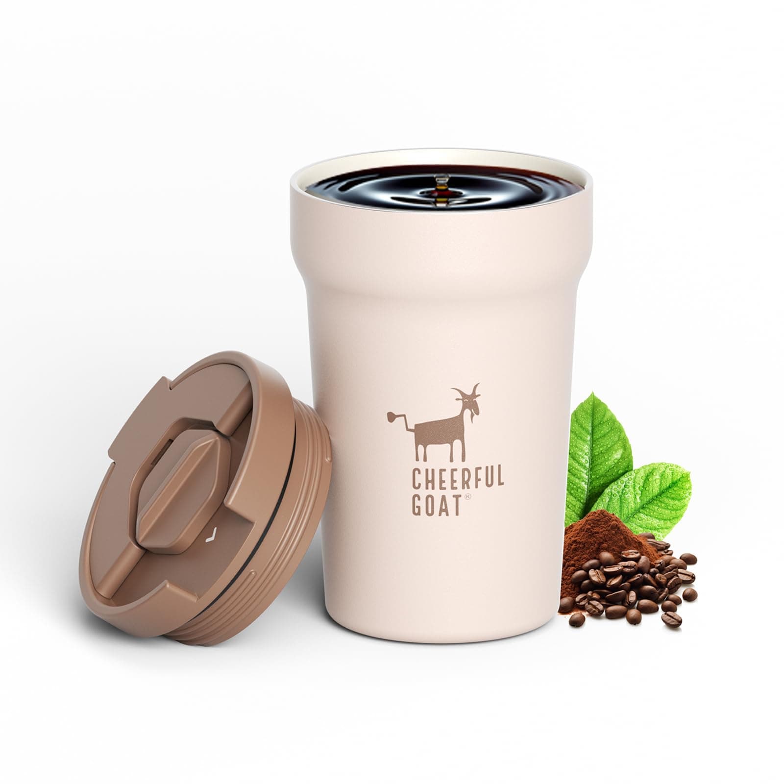 CHEERFUL GOAT Ceramic Lined Coffee Travel Mug – Stainless Steel Travel Coffee Tumbler with Ceramic Liner, with lid, 12oz Coffee Cup for Hot and Cold Water Coffee at Home, Office, or On the Go (Coffee)