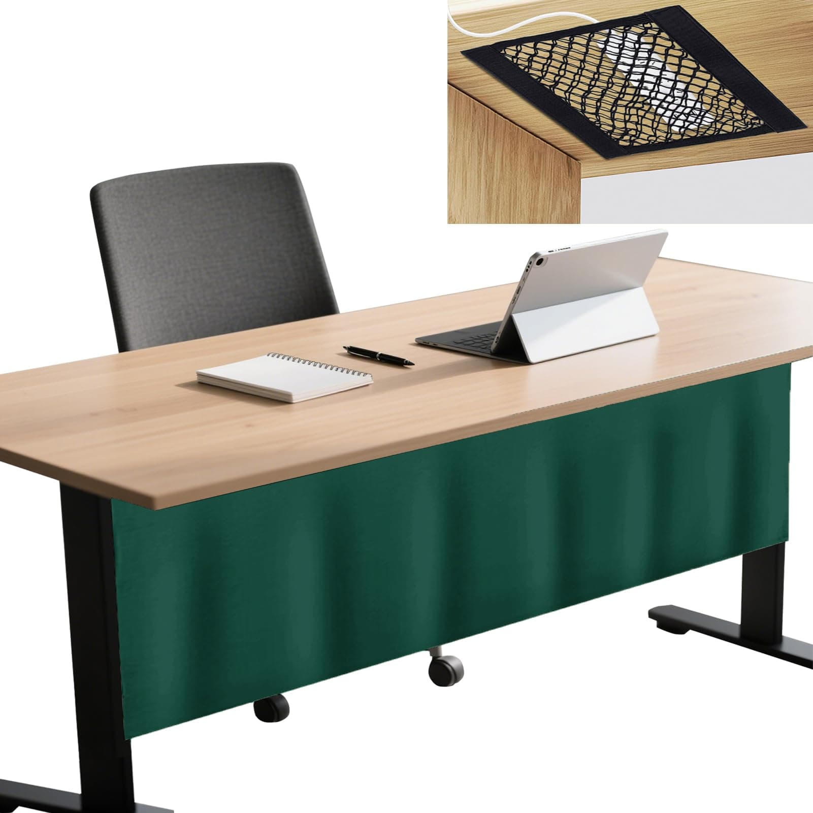 Icegrey 68" Under Desk Privacy Panel with Cable Management Organizer Net Self-Adhesive Modesty Panel for Cord Organizer Pockets and Desk Skirt for Home Office or Standing Workstation, Dark Green