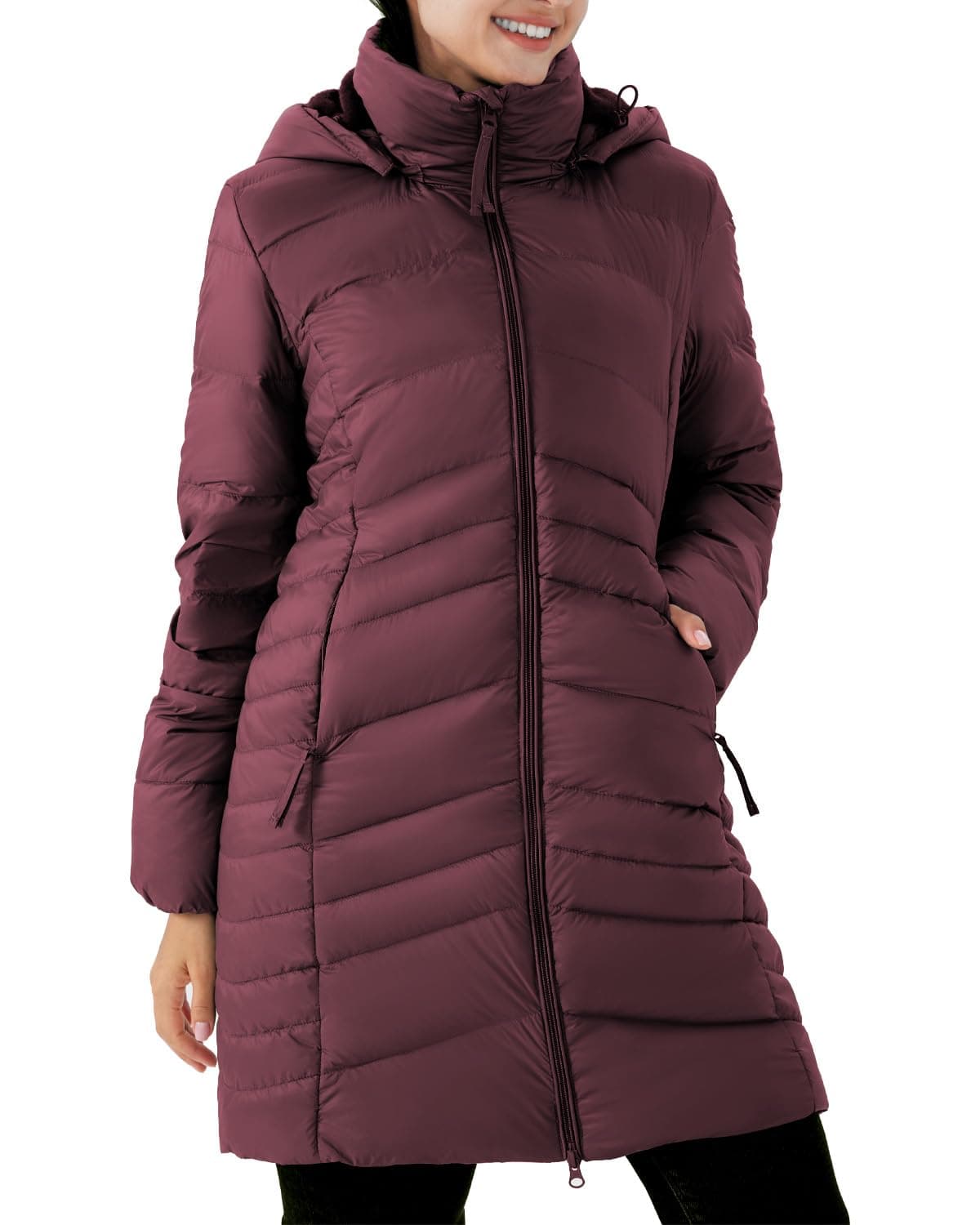 PUREPEAR Women's Down Jackets Insulated Warm Light Long Puffer Jacket with Detachable Hood Red XL