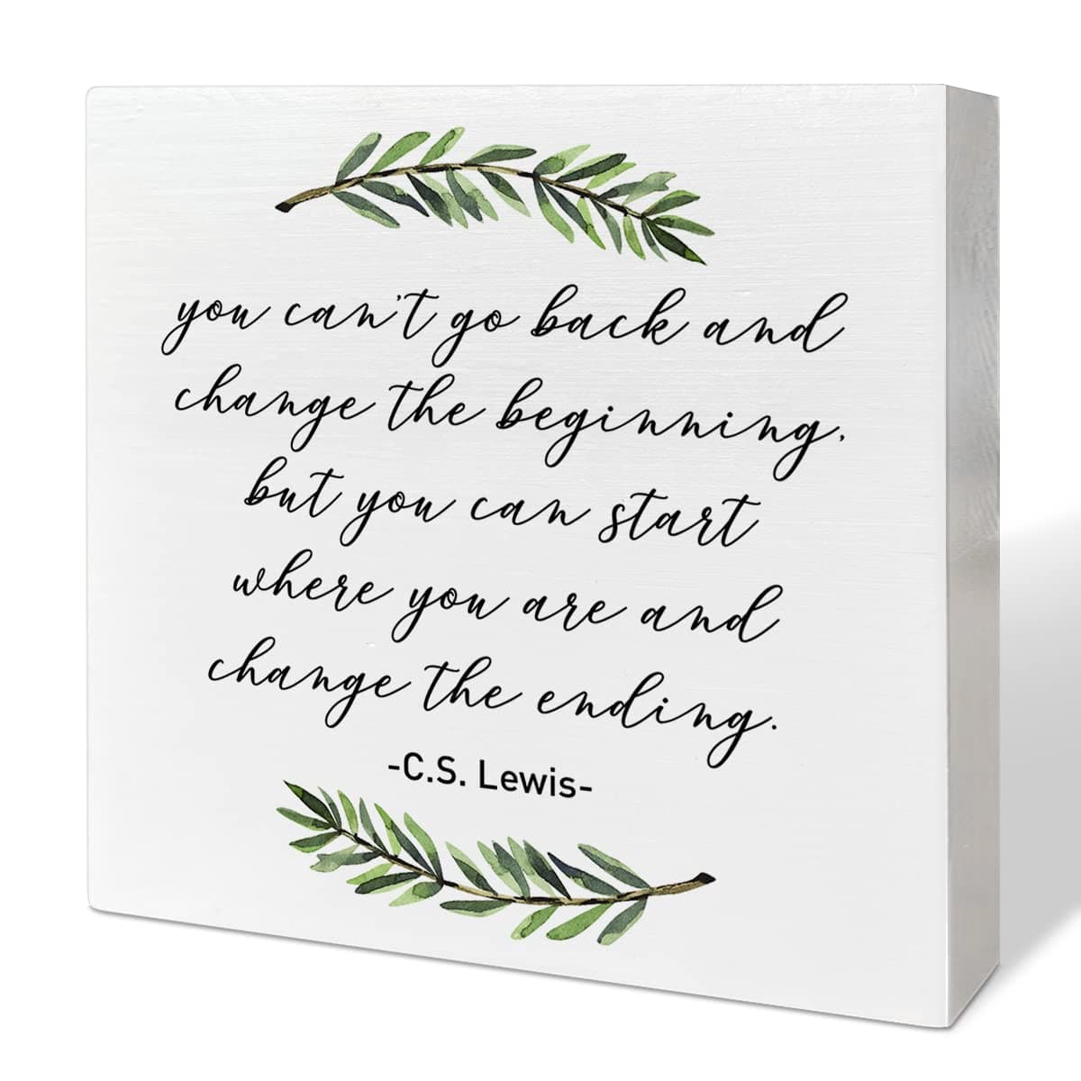 Home Office Desk Wooden Box Sign Decor, You Can't Go Back and Change The Beginning, Inspirational Quotes Desk Decor Motivational Desk Decorations for Women Men Alcoholics Anonymous Counselor Therapist