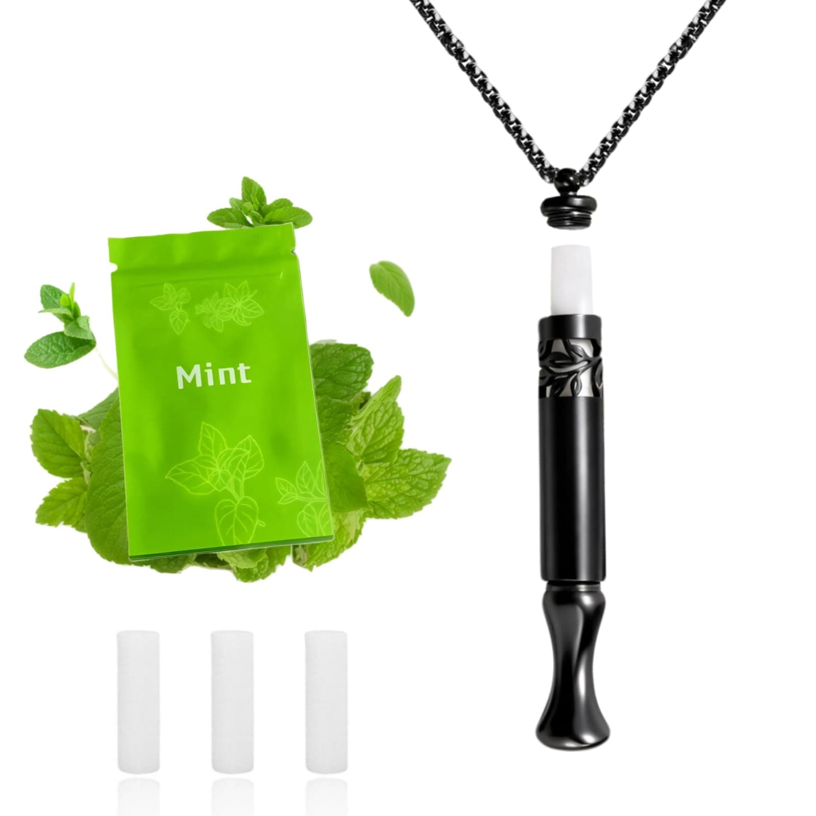 Breathing Necklace to Replace Bad Habit with 3pcs Refillable Mint Pods, Habit Support Necklace with Hollow Pattern for Stress Relief Sensory Fidget Necklace for Adults (Black)