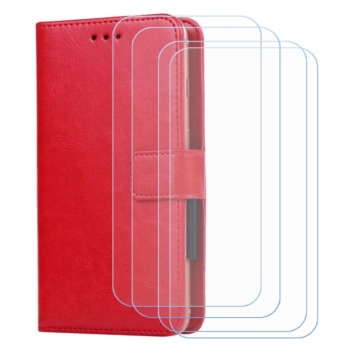 BMPNLSZ Cover for BDWJW I25 Ultra + 4 HD Film Protector, Screen Protector Tempered Glass - Phone case with[Cash and Card Slots] Wallet Shell for (6,9") - Red-XHDSXT