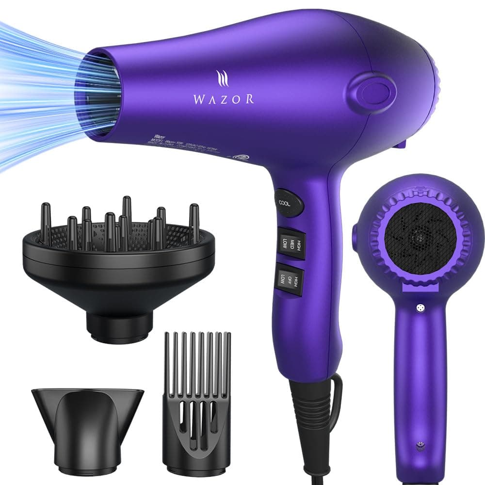 Professional Ionic Hair Dryer 1875W Lightweight Blow Dryer with Diffuser, Fast Drying with 2 Speed & 3 Heat Setting Low Noise Dryer,DC Motor, ALCI Plug, Purple