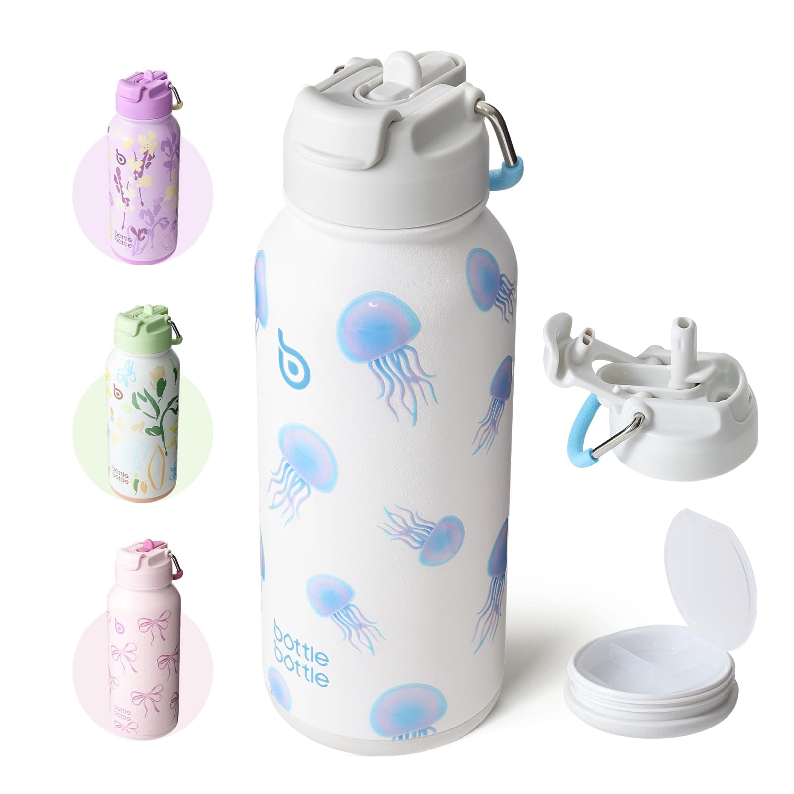 BOTTLE BOTTLE 32oz Insulated Water Bottle Stainless Steel Sport Water Bottle with Straw Dual-use Lid Design for Gym with Pill Box (Stupid Jellyfish)