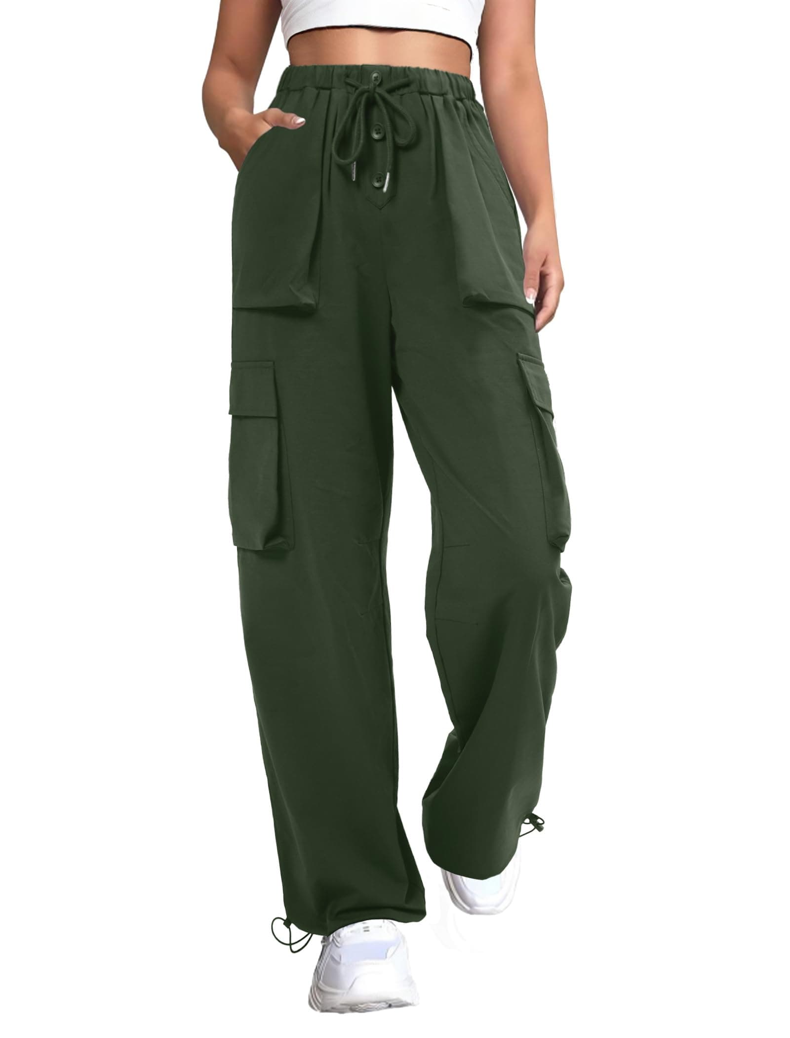 DLOODA Women's Parachute Cargo Pants, Quick Dry Lightweight Baggy Hiking Joggers with 4 Pockets Casual Travel Outdoor Army Green