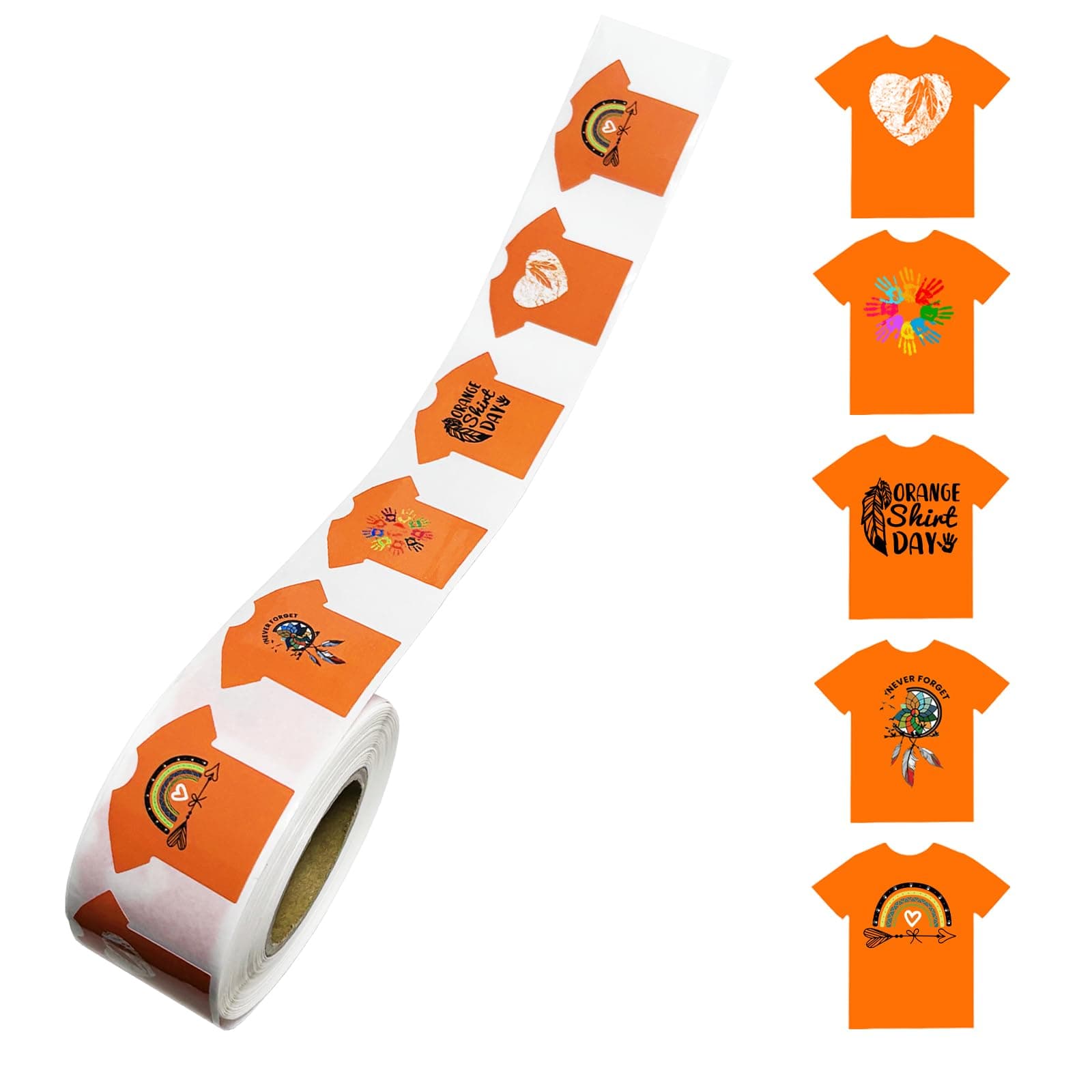 500PCS Orange Shirt Stickers Rolls, 5 Different Designs of Orange Tshirt Shaped Stickers for National Day for Truth and Reconciliation, Self Adhesive Indigenous Decals Labels for Every Kids